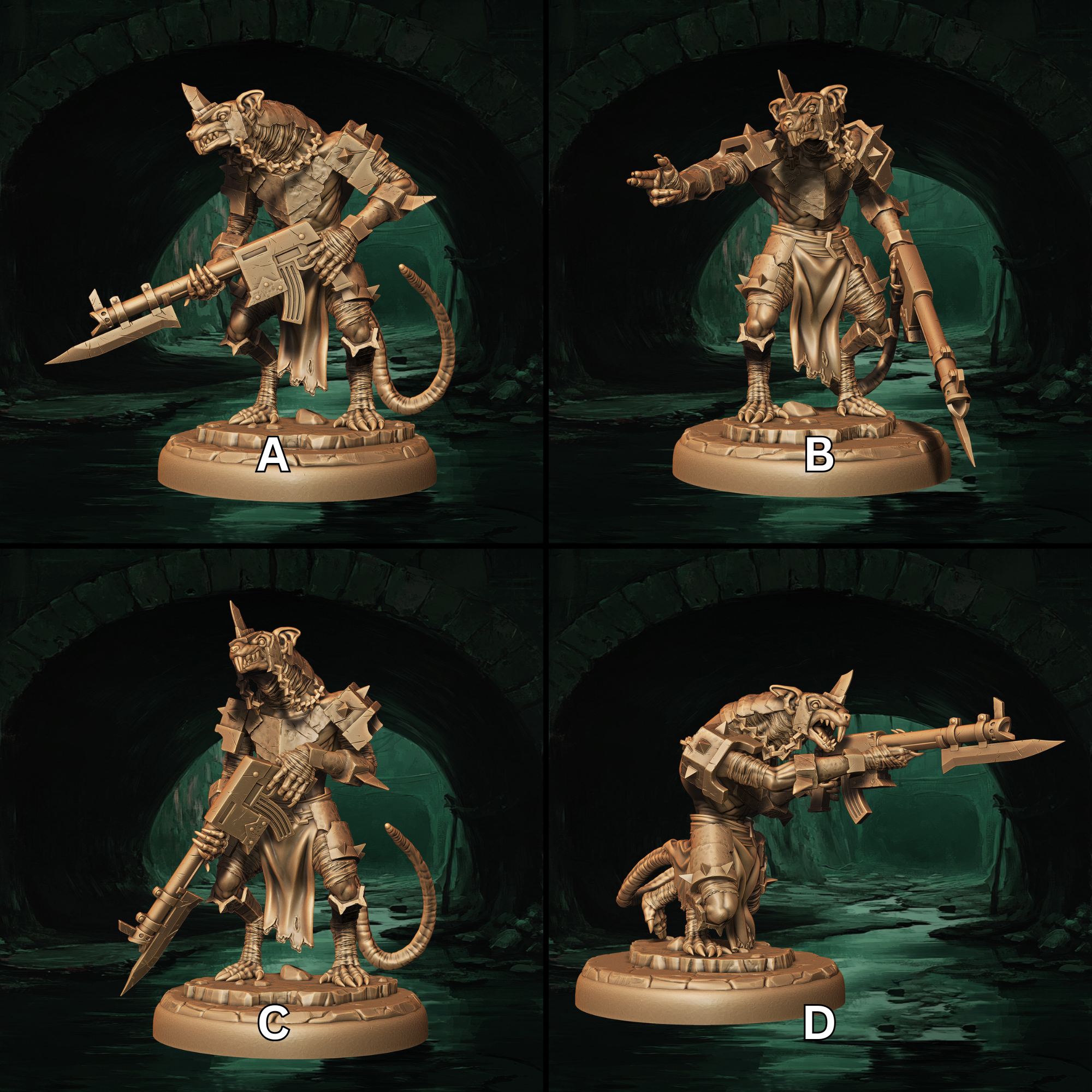 a set of four pictures of a warhammer with a gun