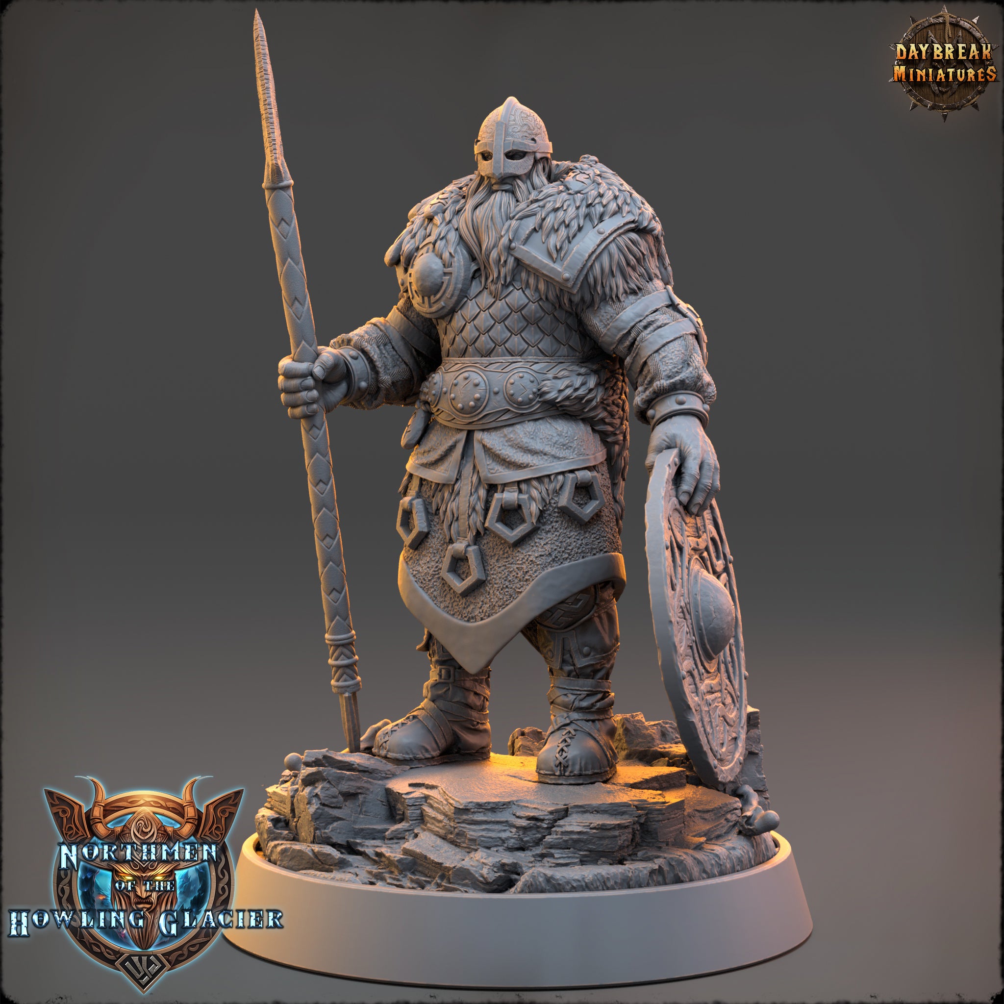 A detailed 3D model of a warrior figure, wearing a helmet and holding a spear, standing on a rocky base.