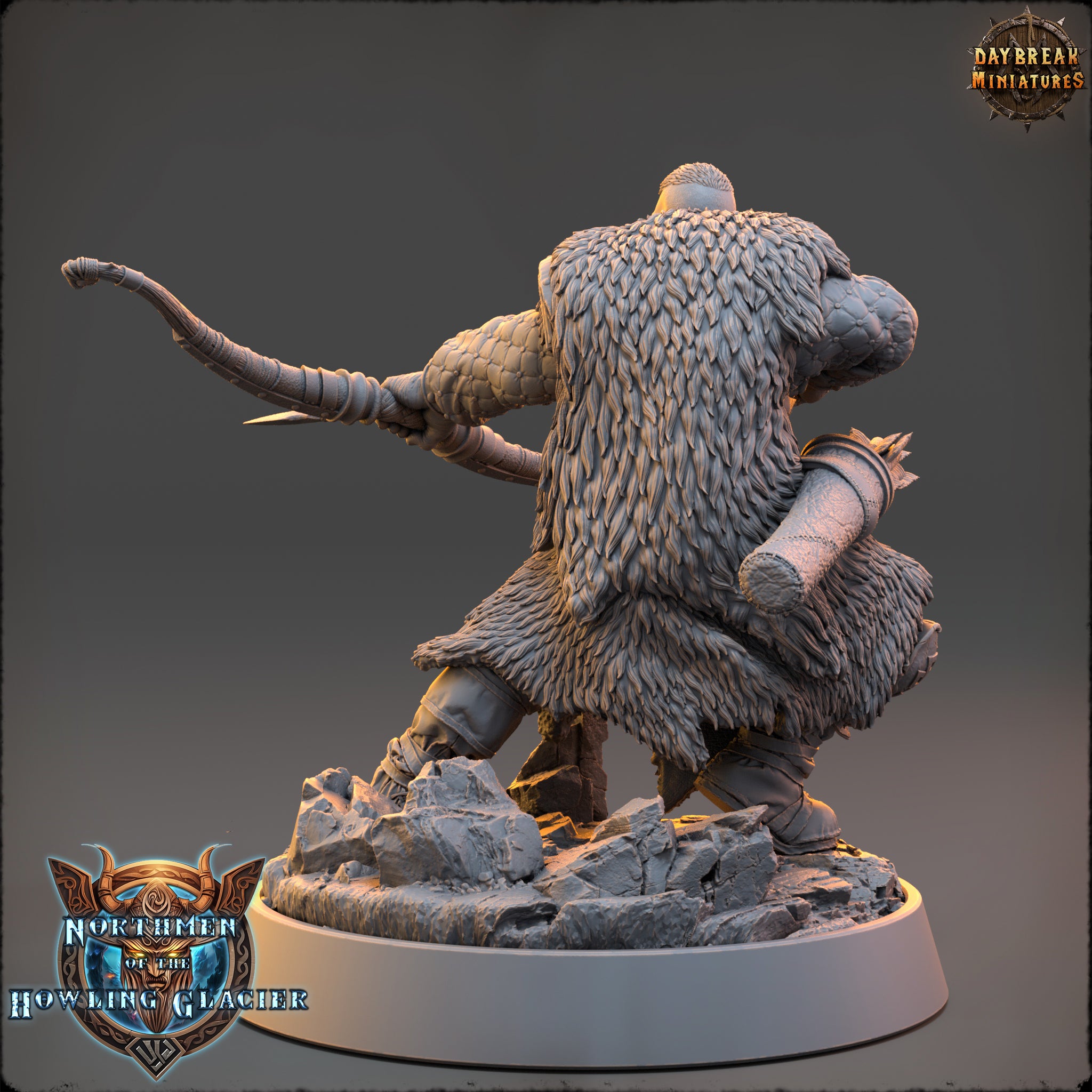 A detailed 3D model of a fantasy character, likely a warrior or knight, standing on a rocky base and holding a weapon. The character has a furry, textured costume and is facing away from the camera.