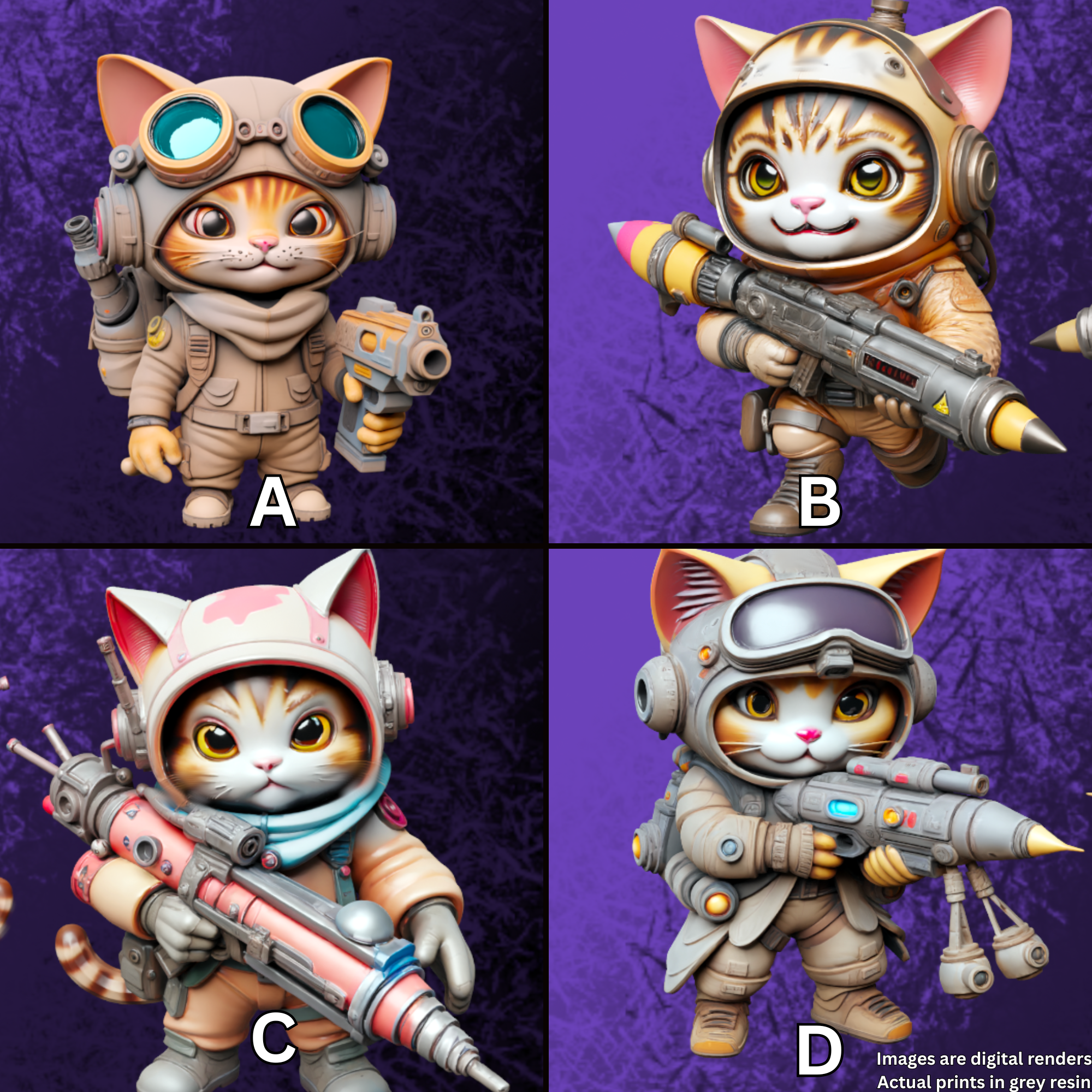 four different pictures of a cat with guns