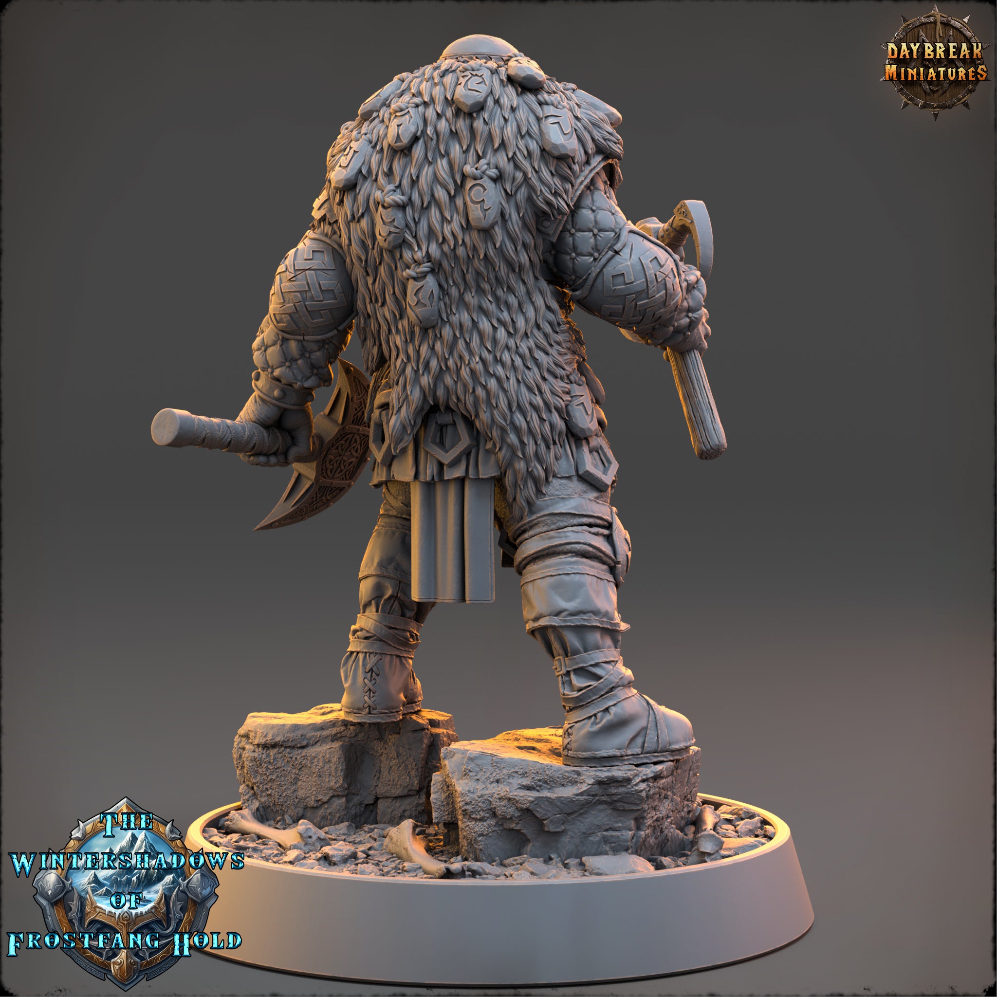 A detailed 3D model of a fantasy character, likely a warrior or warrior-like figure, standing on a rocky base and holding a weapon. The character has a large, furry coat and is wearing various armor pieces and accessories. The image does not contain any text or additional objects, and the character is the sole focus of the image.