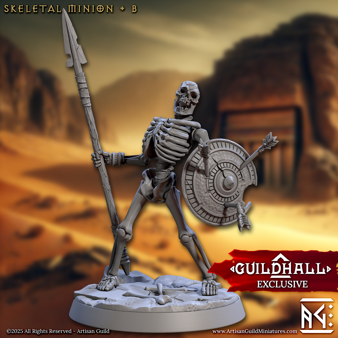 a skeleton statue holding a spear and shield