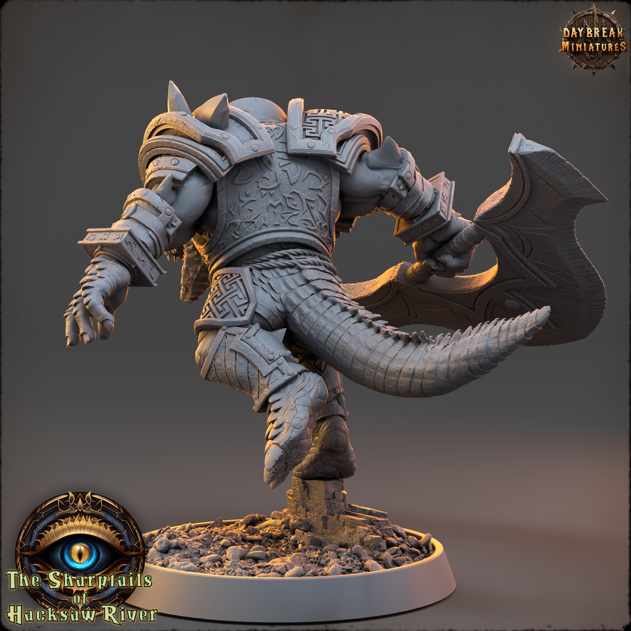 A detailed 3D model of a warrior figure, wearing armor and wielding a sword, set against a dark background.