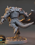 A detailed 3D model of a warrior figure, wearing armor and wielding a sword, set against a dark background.