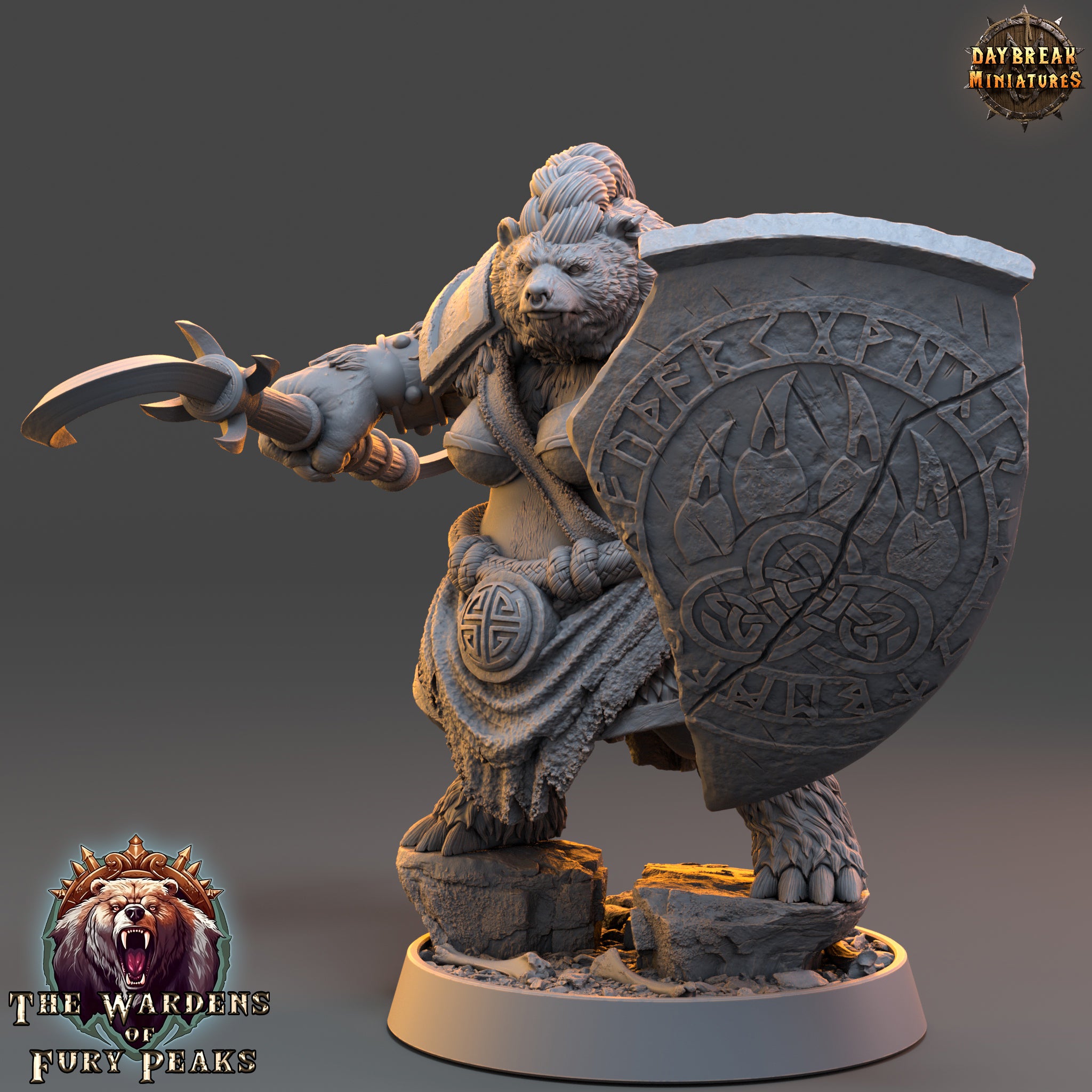A 3D model of a female warrior figure, wearing a fur-trimmed outfit and wielding a shield with a symbol on it.