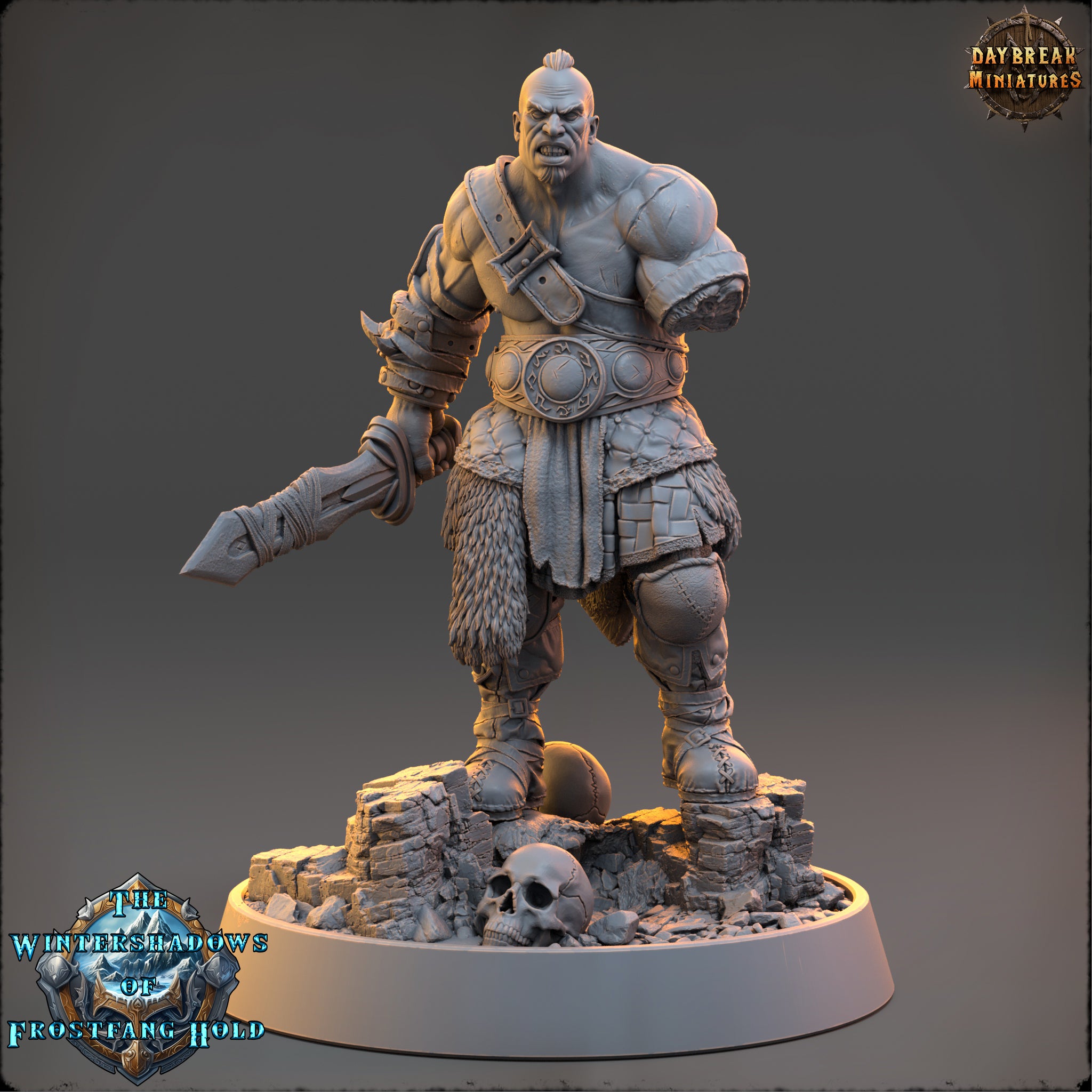A detailed 3D model of a warrior figure, likely from a fantasy or adventure game, standing on a rocky base and holding a sword.