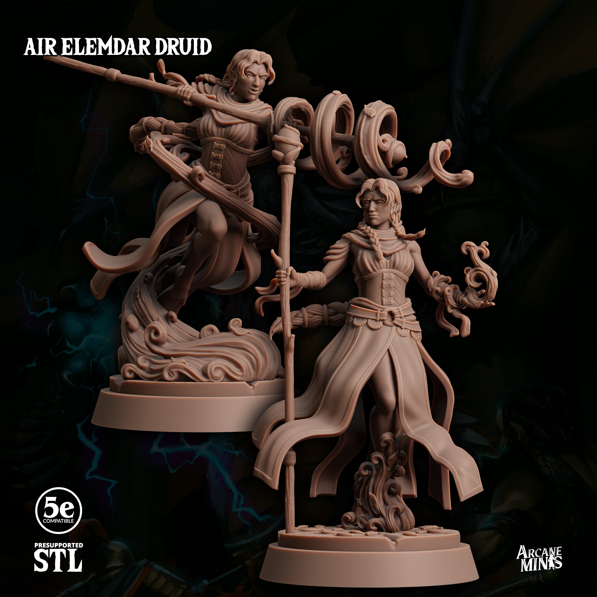 two detailed, intricately designed figurines of female characters, likely representing the Air Elemdor Druids from a fantasy role-playing game. The figurines are posed in dynamic, flowing poses, showcasing the artistic skill and craftsmanship involved in their creation.