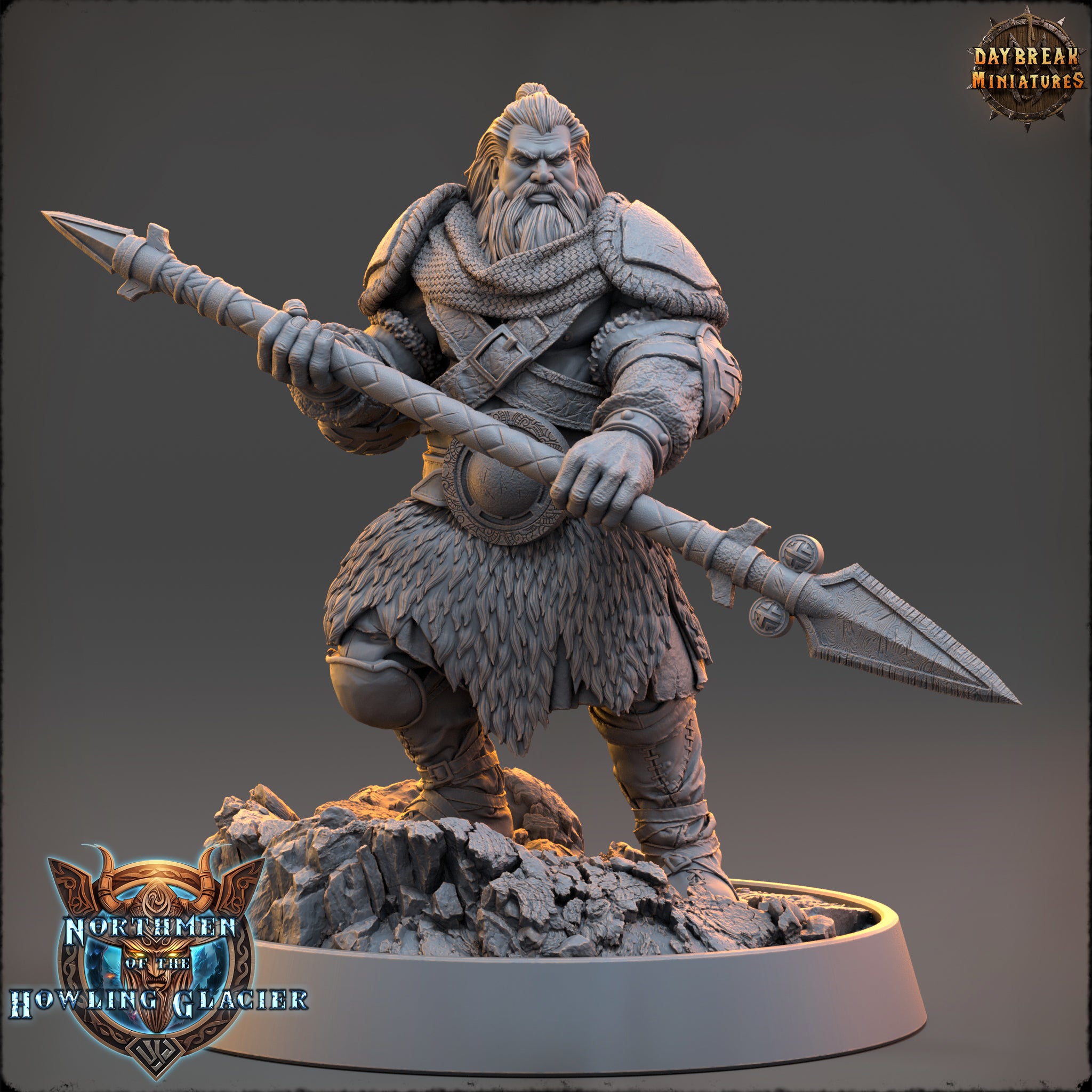 A detailed 3D model of a warrior figure holding a spear and standing on a rocky base.