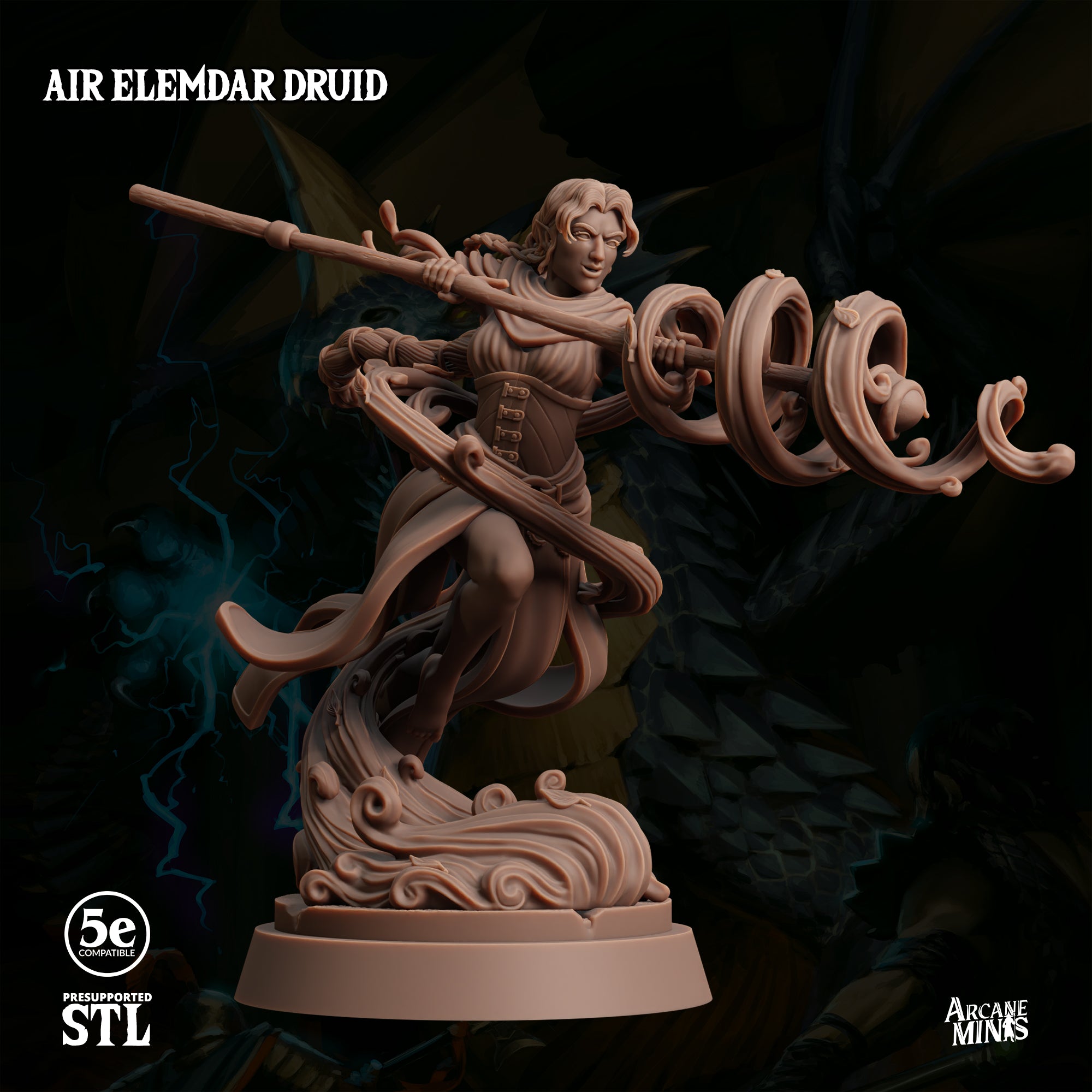 The image is a detailed 3D model of a female character, specifically an Air Elemdor, a powerful magical staff with a long, curved blade. The character is shown in a dynamic pose, wielding the staff and surrounded by swirling energy. The background is dark and mysterious, creating an atmosphere of intrigue and mystery.