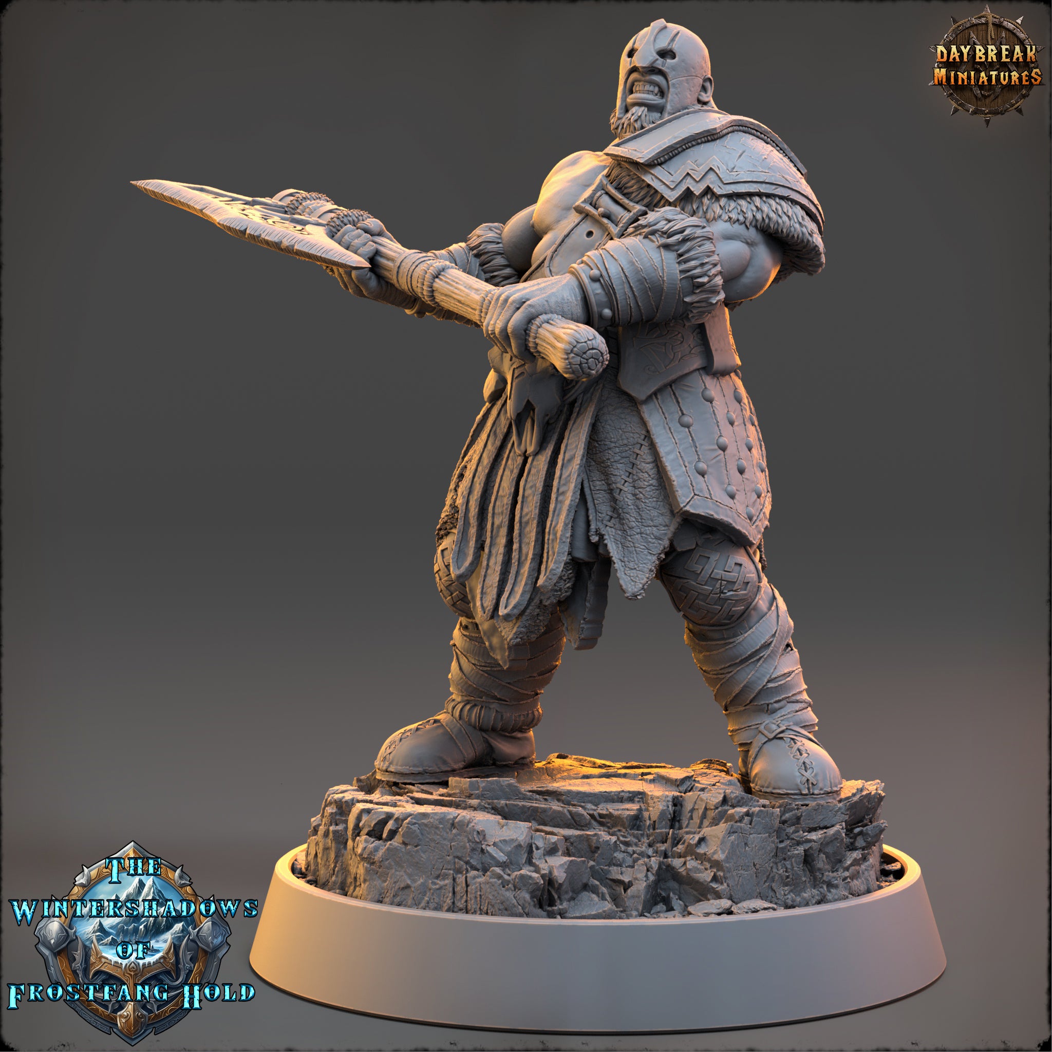 A detailed 3D model of a warrior figure, wearing a helmet and armor, holding a sword and shield, standing on a rocky platform.