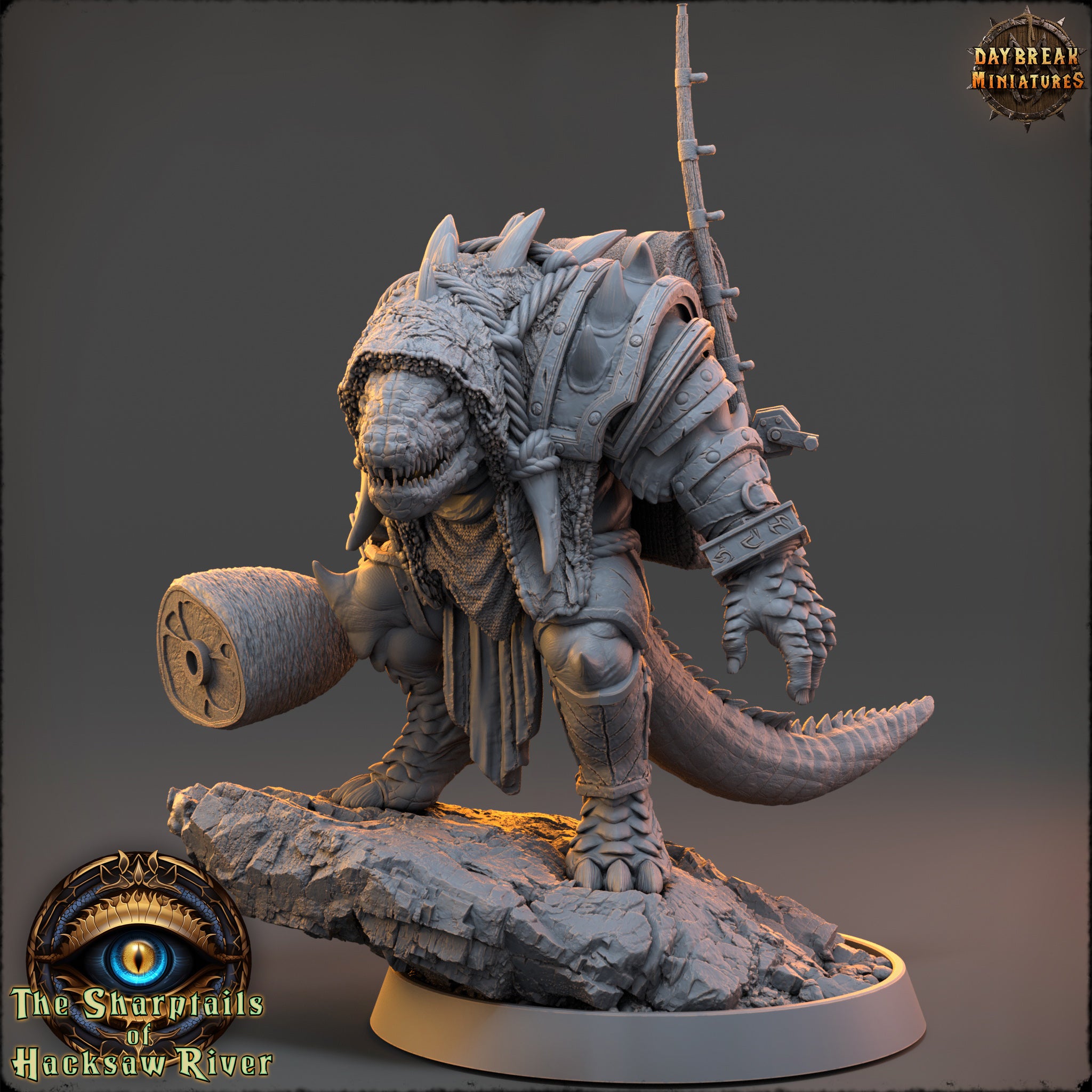 A detailed 3D model of a fantastical creature, possibly a dragon or serpent, standing on a rock formation. The creature has a large head, sharp teeth, and a long, curved tail. The image is part of a larger collection of images related to the "Daybreak Miniatures" series.