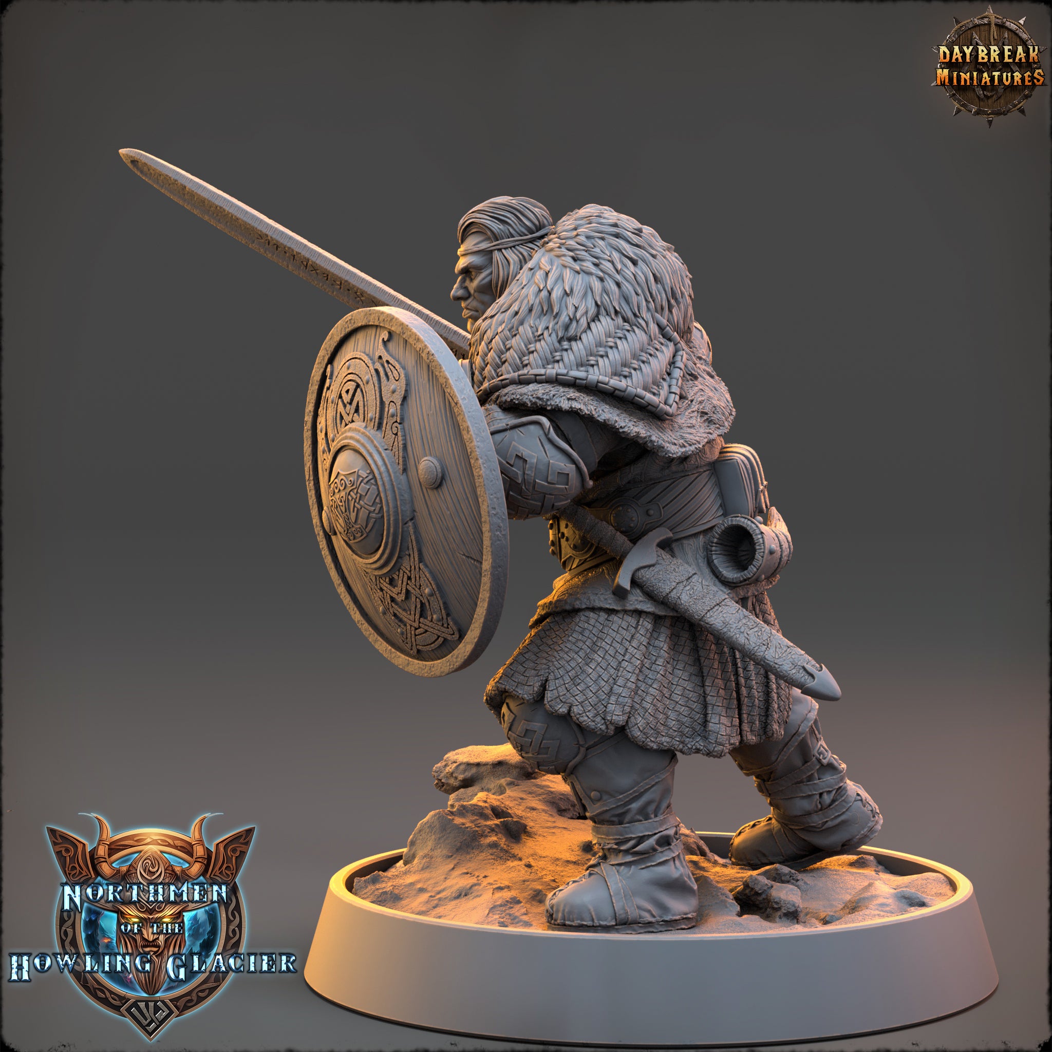 A detailed 3D model of a warrior figure, wearing a fur-lined cloak and wielding a shield and sword, standing on a rocky base.
