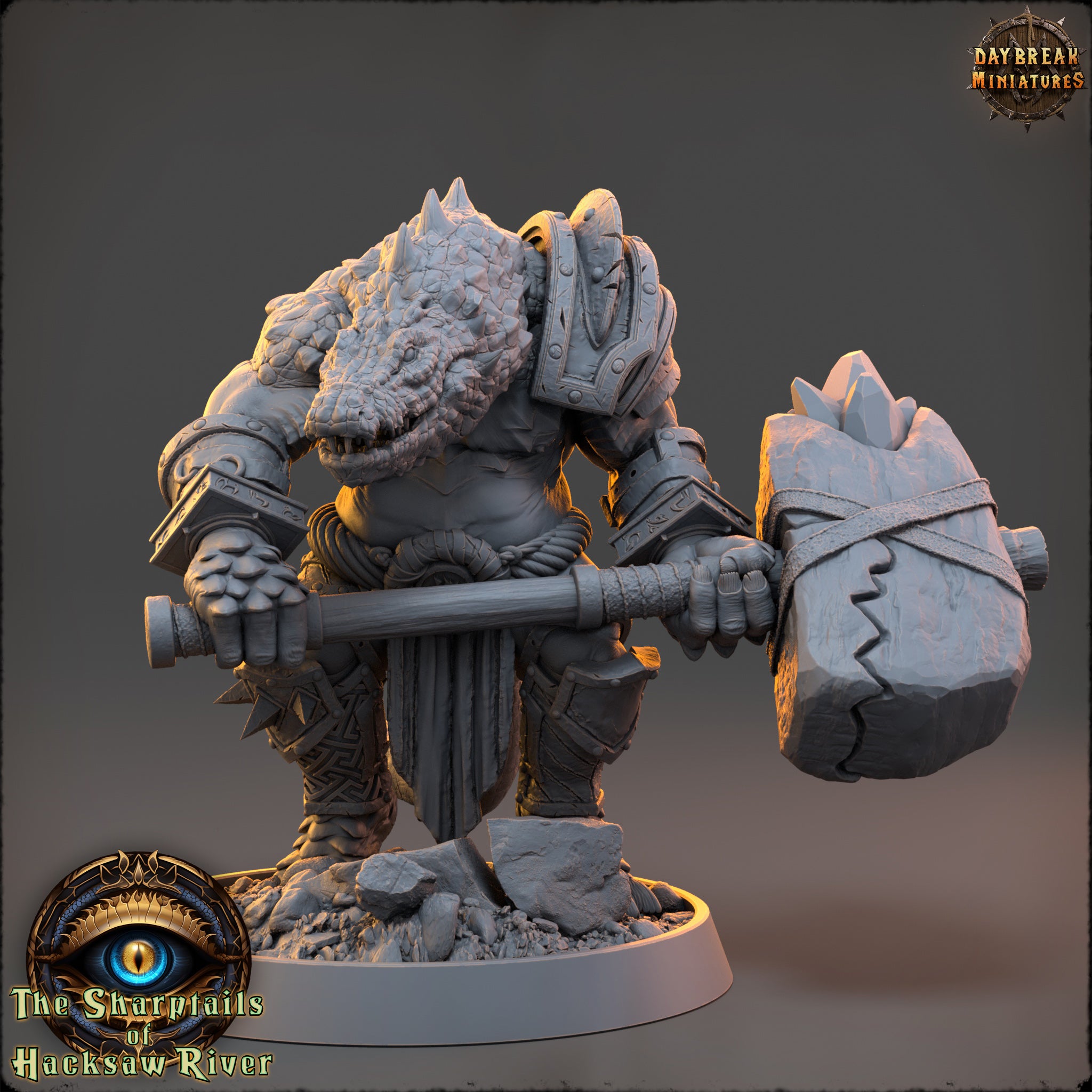 A detailed 3D model of a heavily armored and battle-ready fantasy creature, likely a dragon or similar mythical creature, holding a large hammer and standing on a rocky base.
