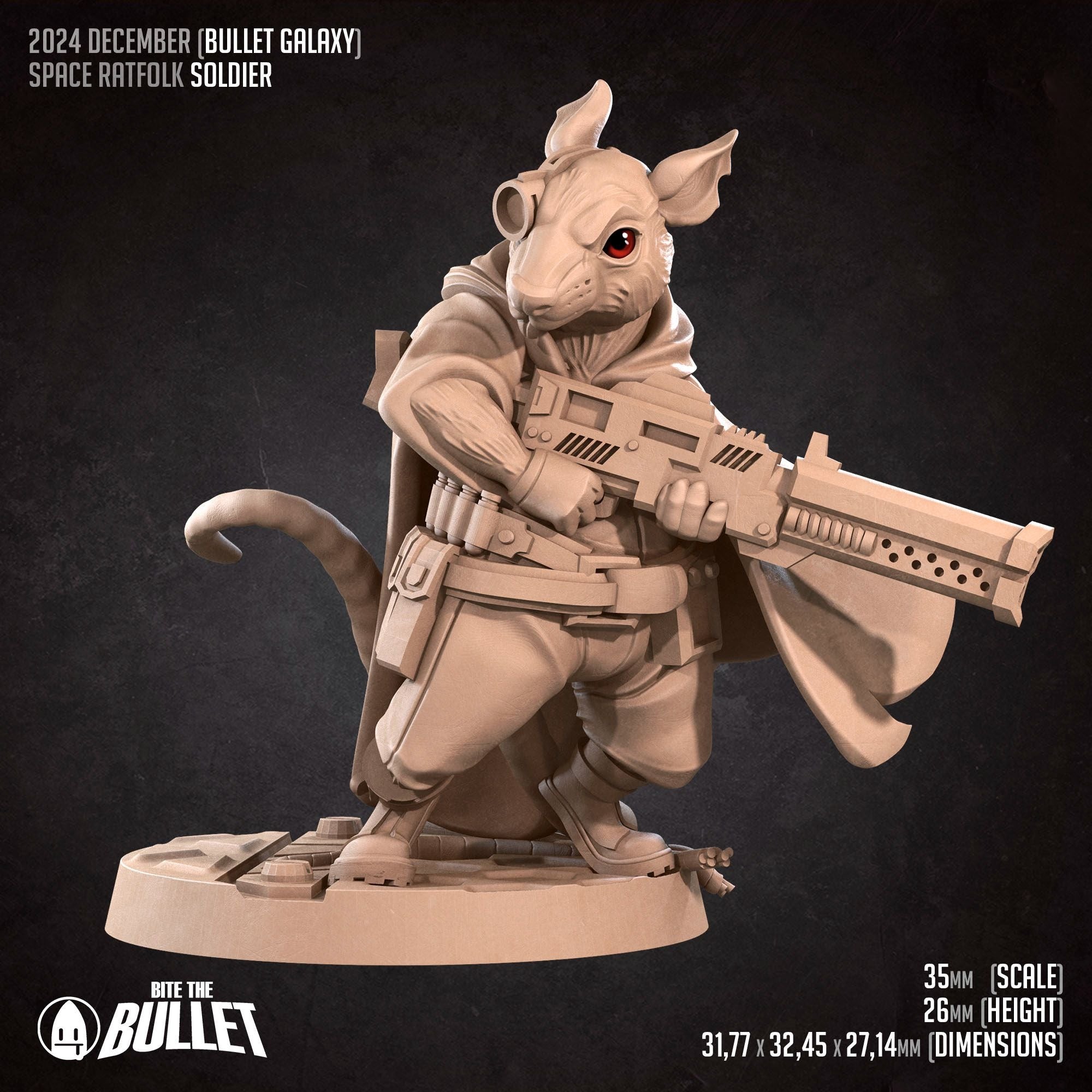 Space Ratfolk Soldier - Bullet Galaxy - 3d Printed Miniature sculpted by Bite the Bullet
