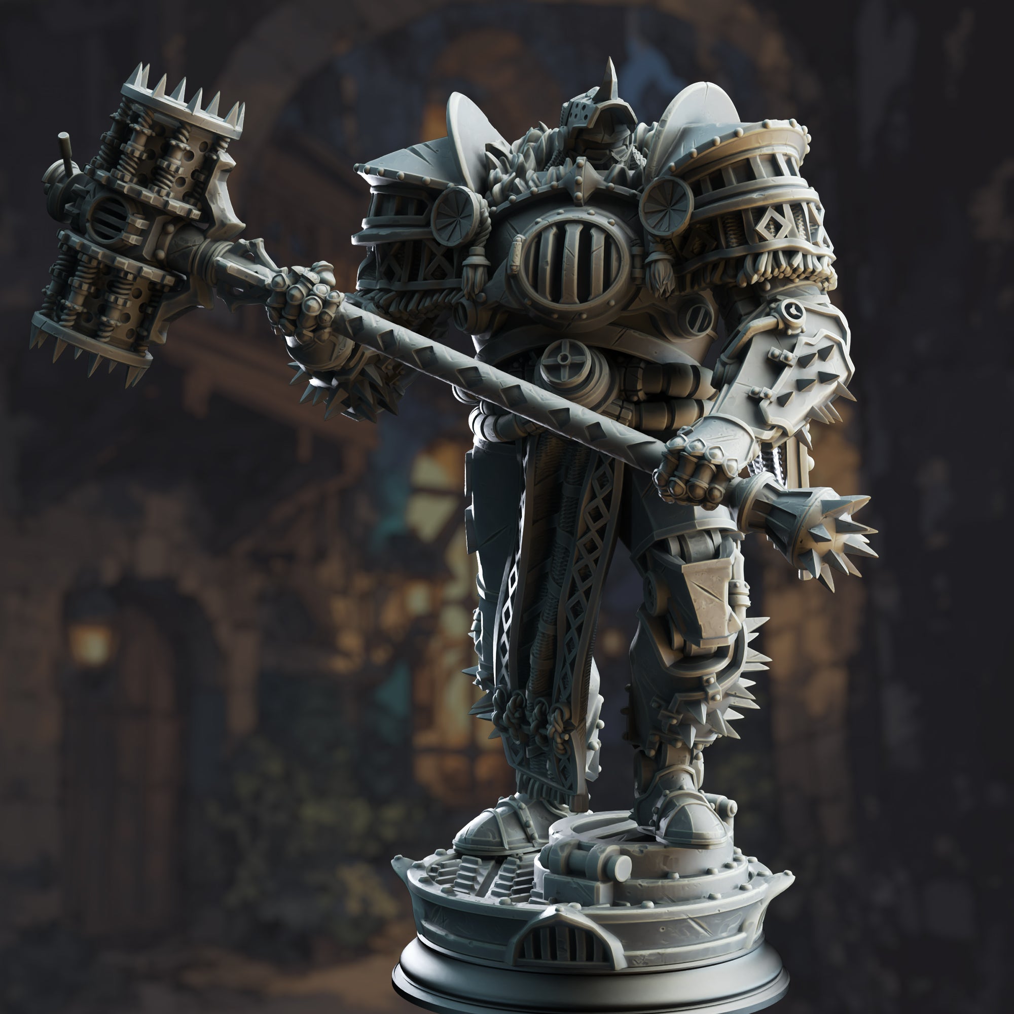 A detailed 3D rendering of a heavily armored and armed mechanical figure, likely a character from a fantasy or science fiction setting. The figure is equipped with various weapons and armor, and is standing on a platform.