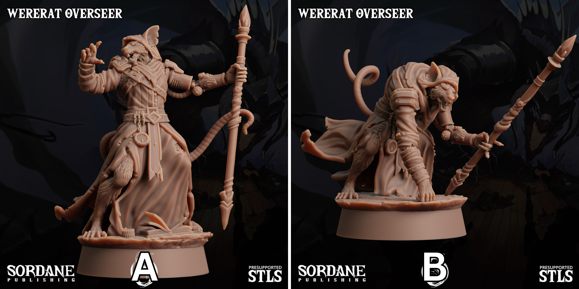 two pictures of a statue of a man with a staff and a demon