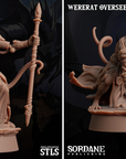two pictures of a statue of a man with a staff and a demon