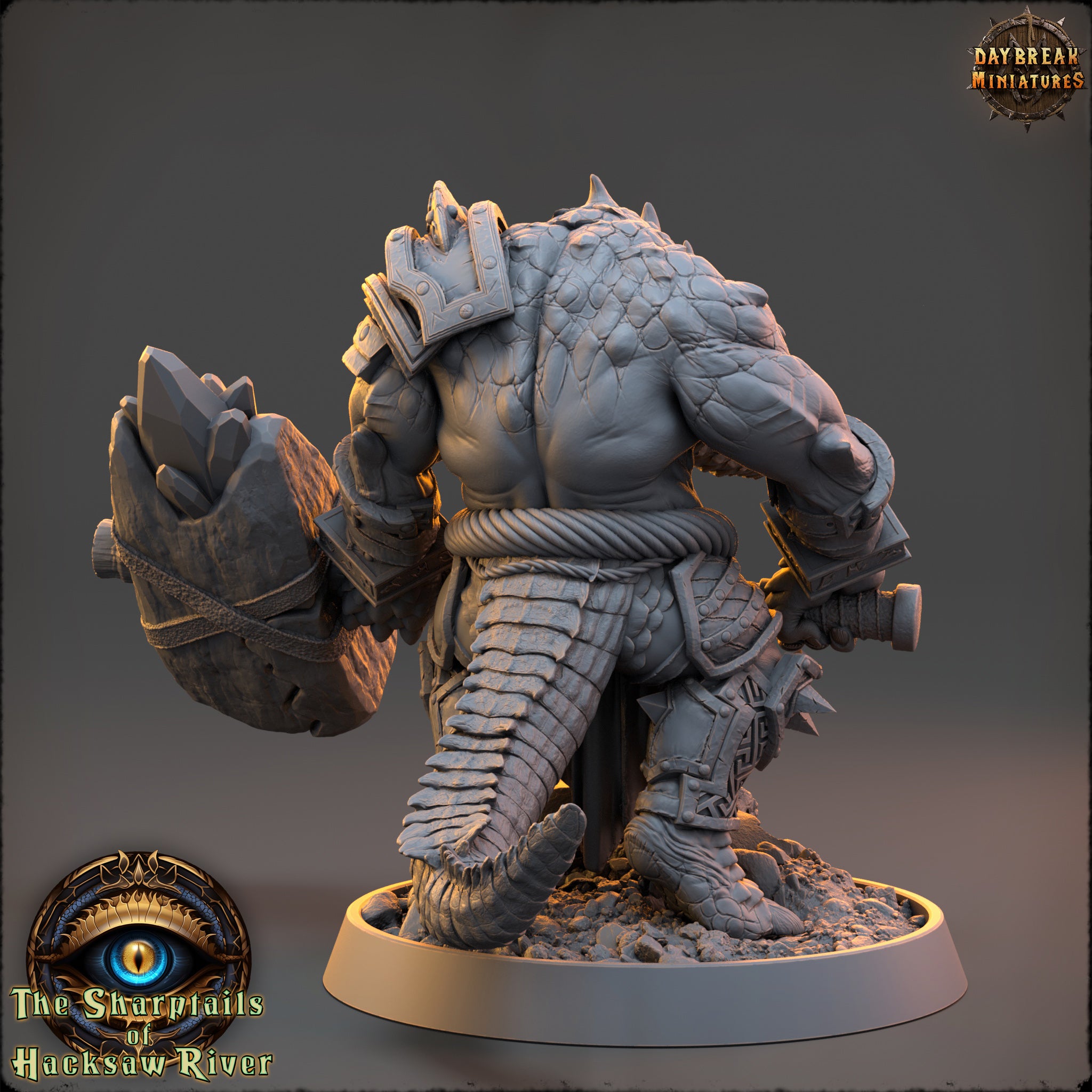 A detailed 3D model of a fantastical creature, likely a mythical or magical being, with intricate armor and weapons. The creature is standing on a base and appears to be ready for battle or action.