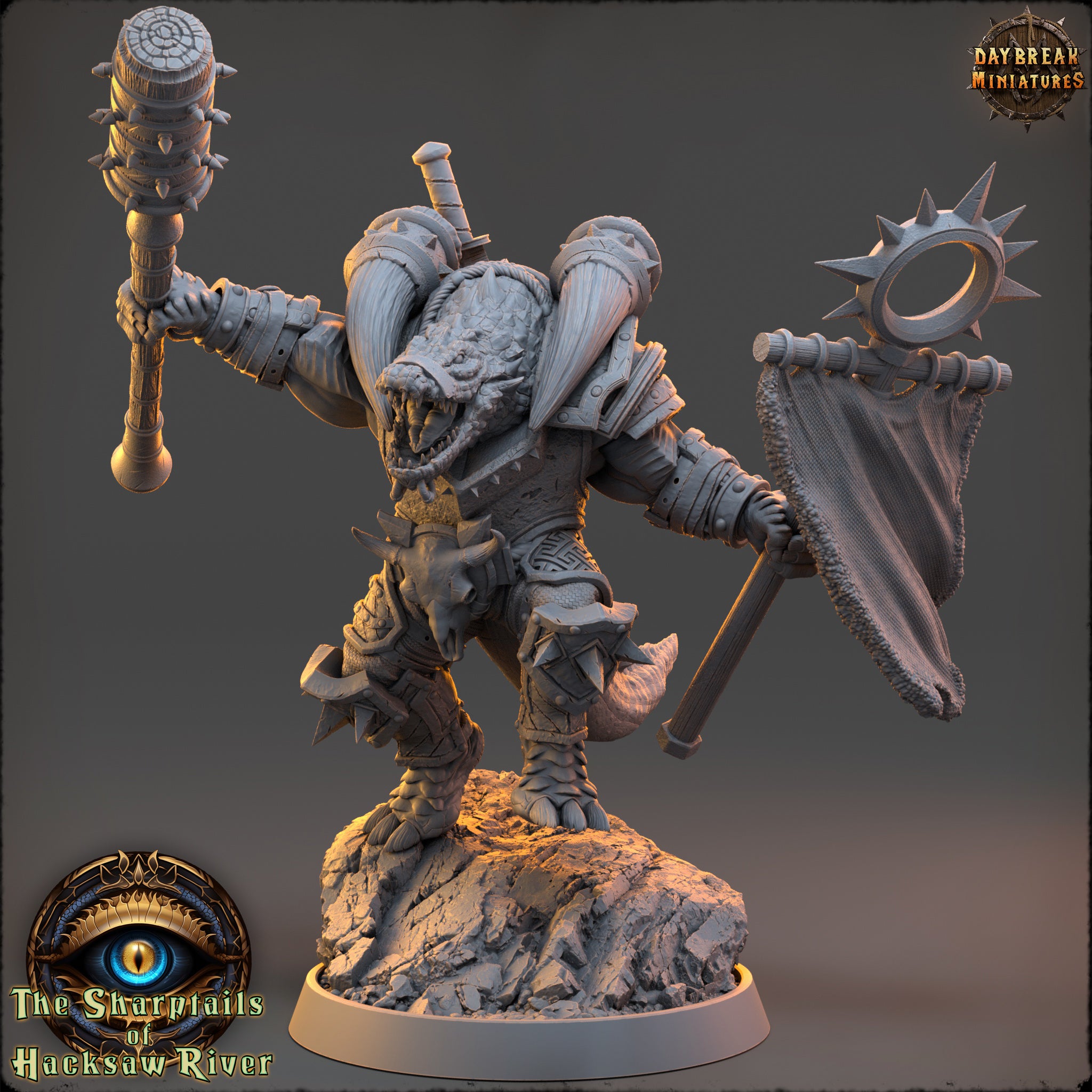 A detailed 3D model of a fantasy creature, possibly a dragon or serpent, holding various weapons and standing on a rocky surface.