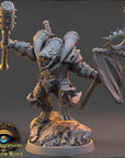 A detailed 3D model of a fantasy creature, possibly a dragon or serpent, holding various weapons and standing on a rocky surface.