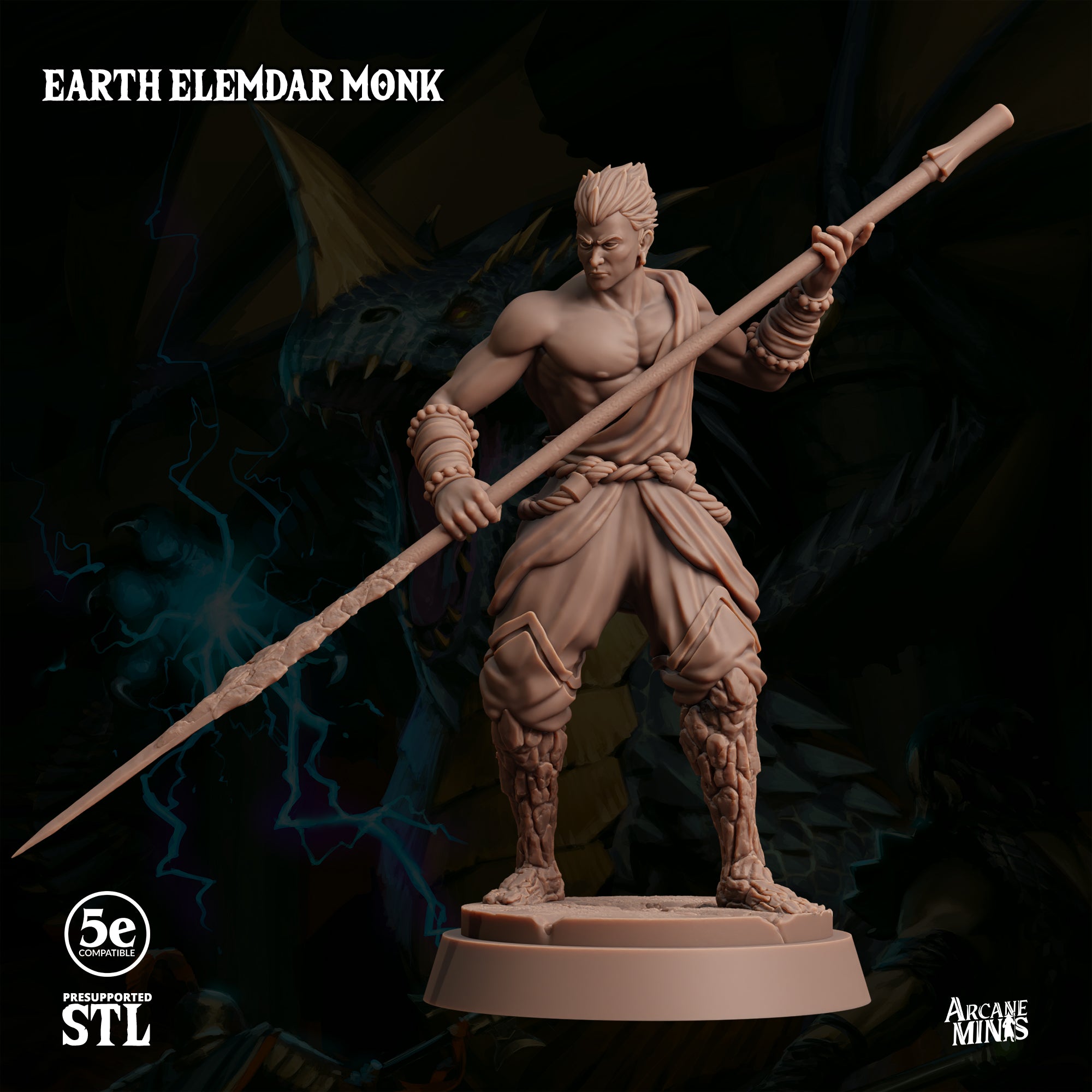 a detailed 3D model of a muscular male character, likely representing the Earth Elemard Monk, holding a spear and standing in a fighting stance.