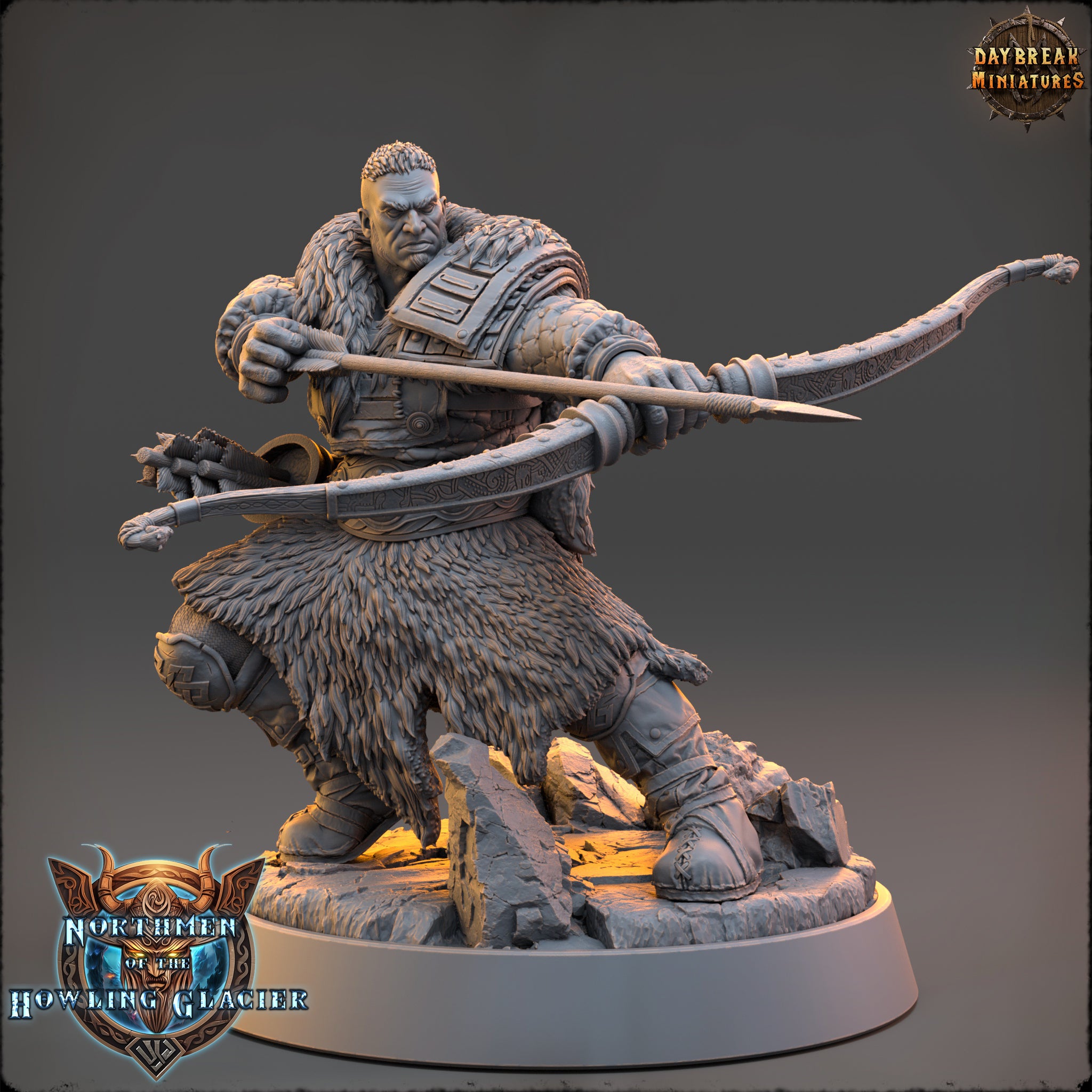 A detailed 3D model of a warrior figure wielding a bow and arrow, standing on a rocky base.
