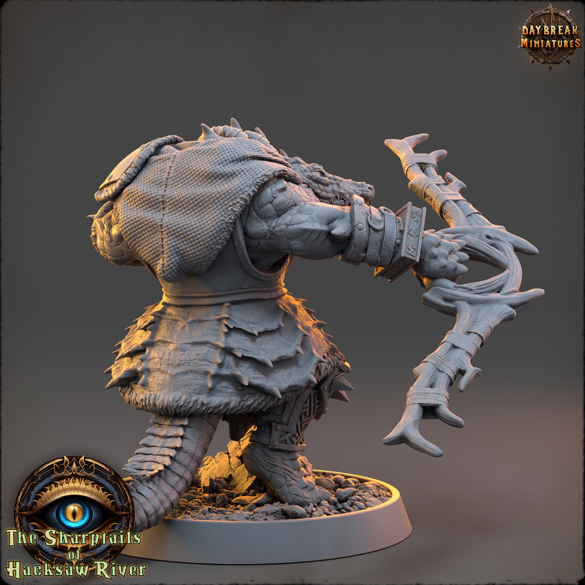 A detailed 3D model of a fantasy creature, possibly a dragon or serpent, with intricate armor and weapons. The creature is standing on a base and appears to be ready for battle or action.