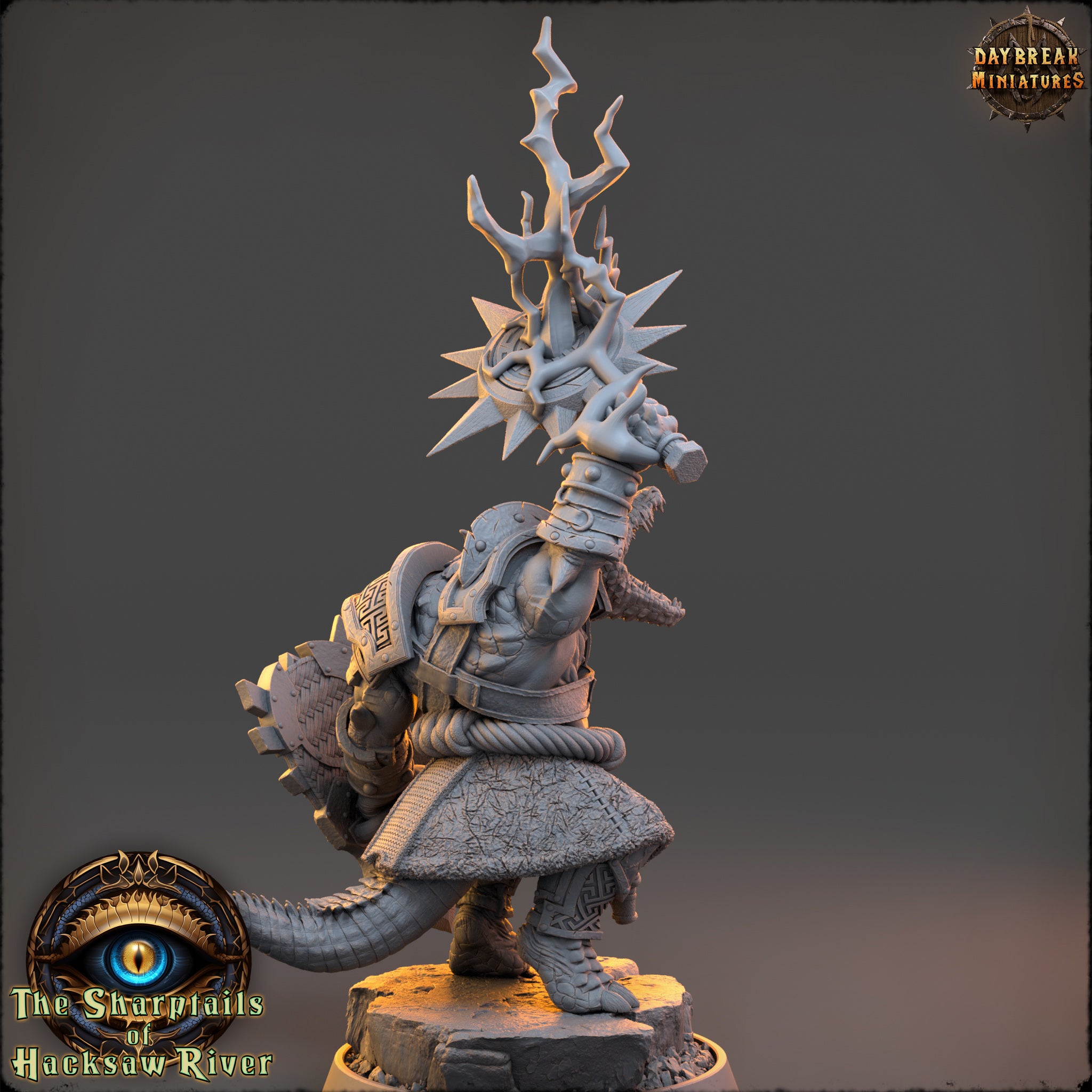A 3D rendering of a fantasy character, possibly a warrior or magical being, with a large headdress or crown and various weapons or armor. The character appears to be standing on a rock formation or pedestal, with a dark background.