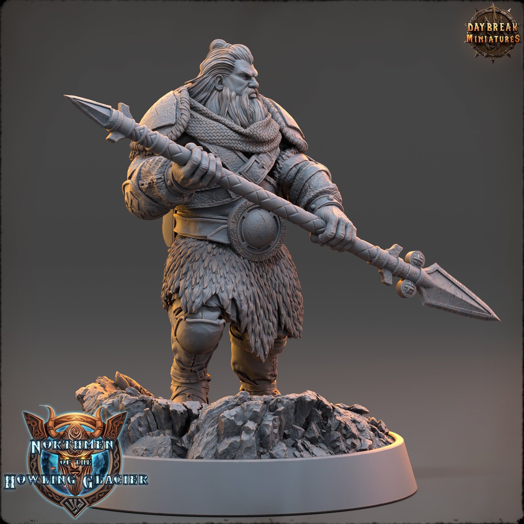 A detailed 3D model of a warrior figure holding a spear and standing on a rocky base.
