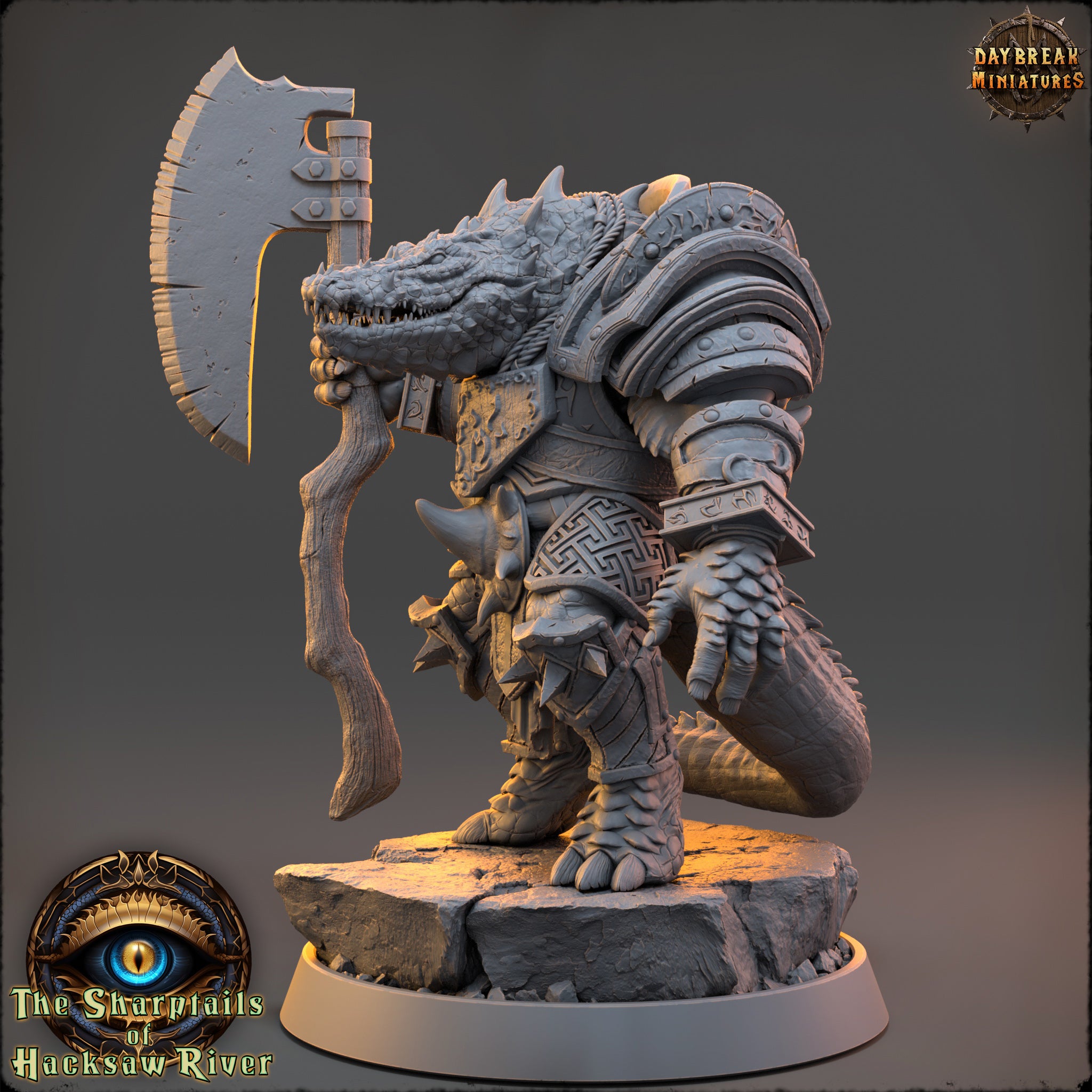 A detailed 3D model of a fantastical creature, possibly a dragon or serpent, holding a large weapon and standing on a rock formation. The creature is intricately detailed and appears to be armored, suggesting it may be a warrior or warrior-like figure.