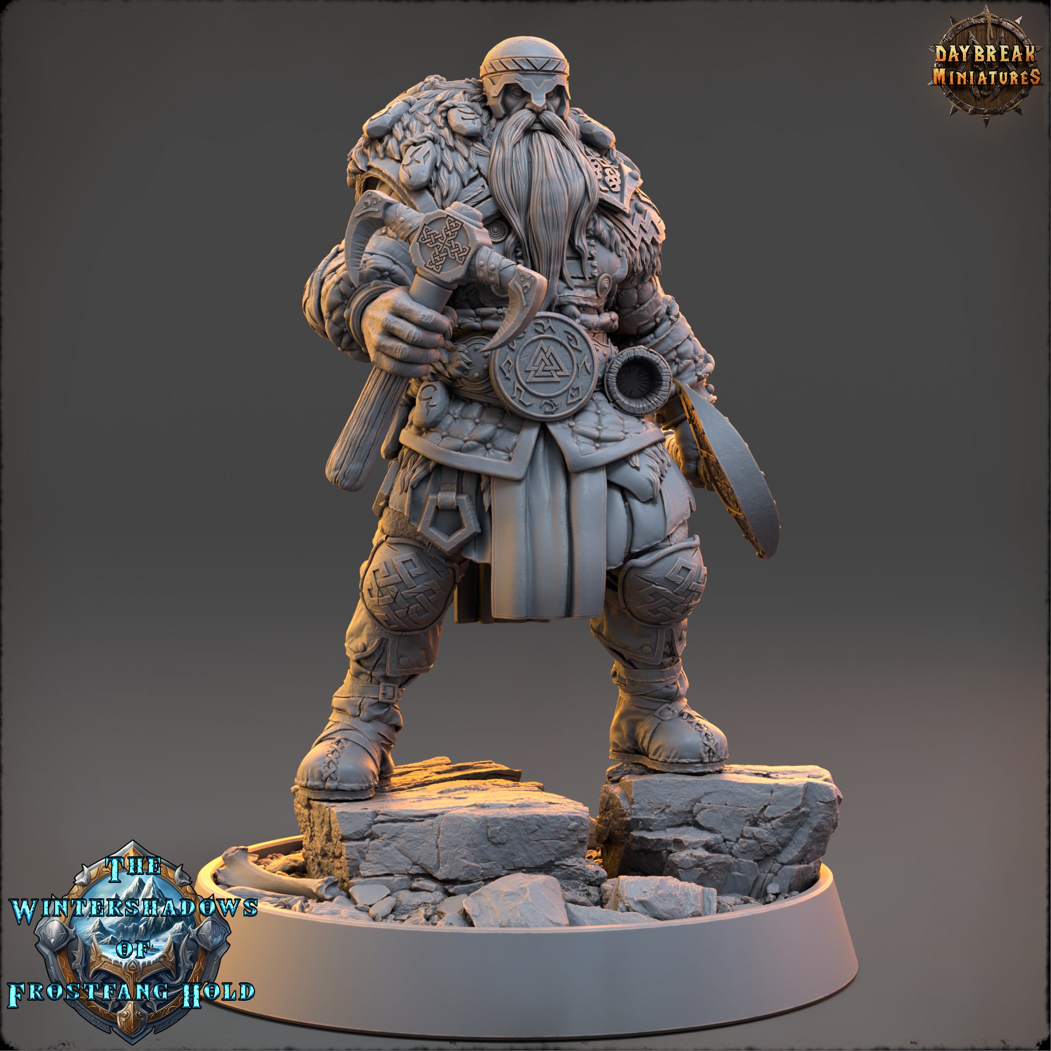 A detailed 3D model of a fantasy character, likely a dwarf or elf, standing on a rocky platform and holding various weapons and tools.
