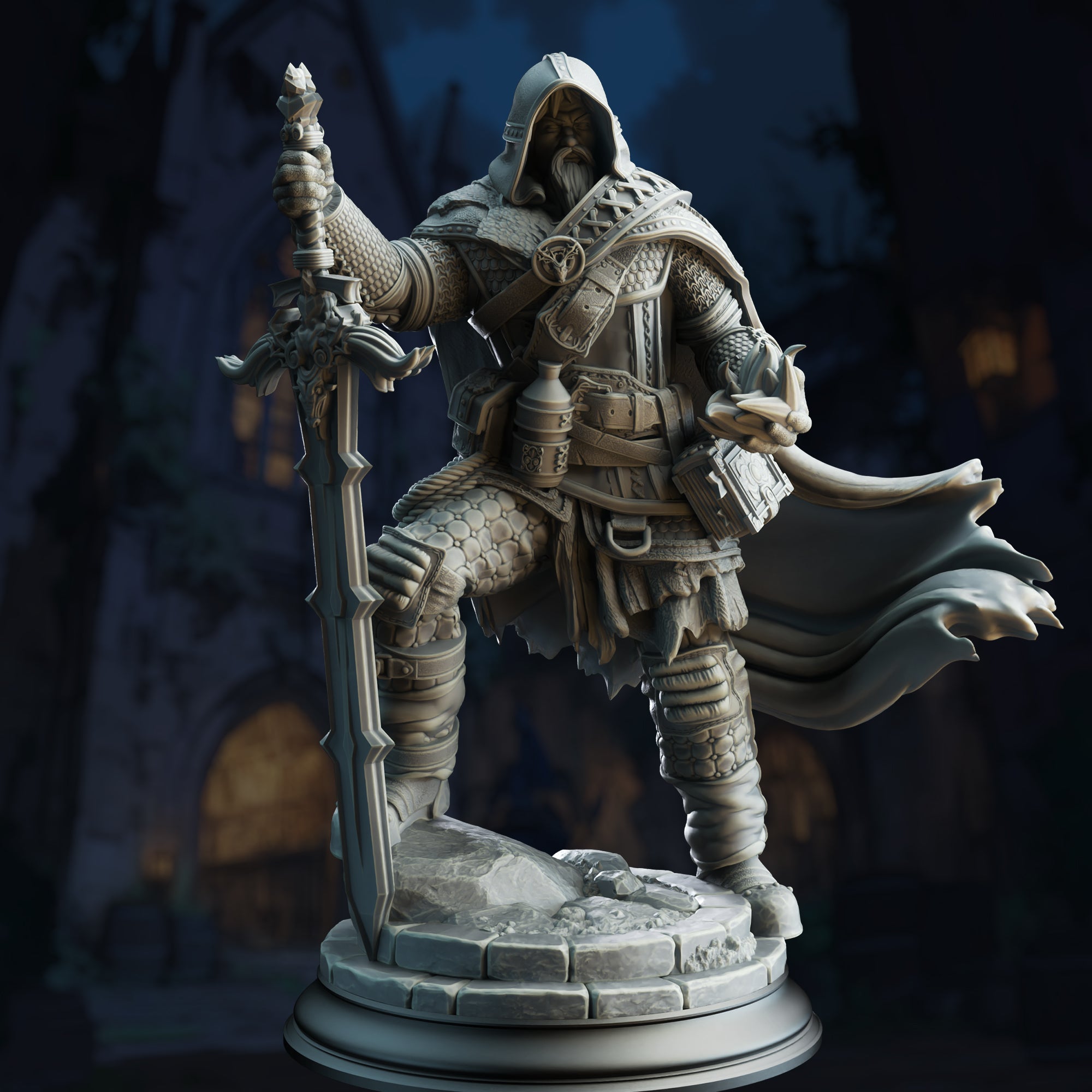 A detailed 3D model of a knight in armor, holding a sword and standing on a pedestal.