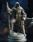 A detailed 3D model of a knight in armor, holding a sword and standing on a pedestal.