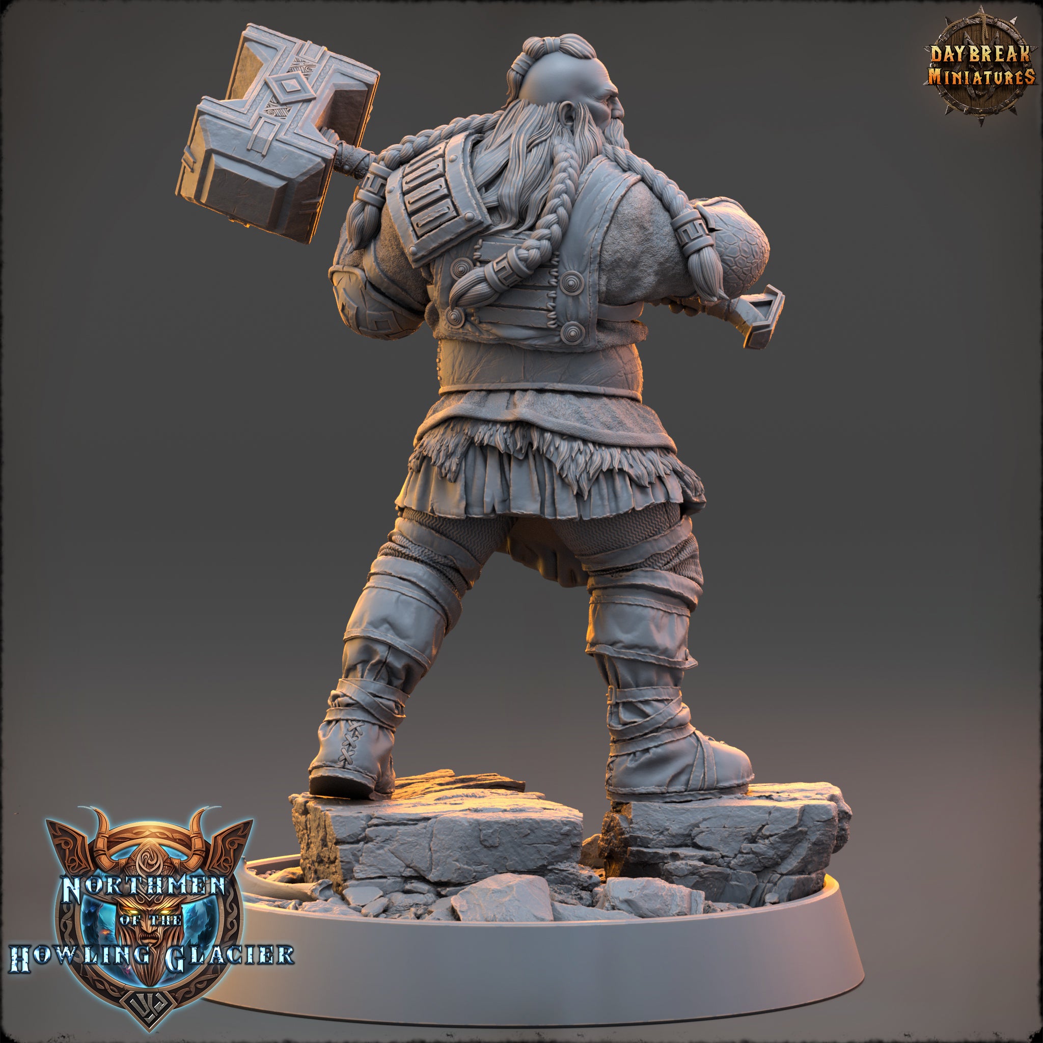 A 3D rendering of a dwarf warrior figure holding a large hammer, standing on a rocky platform.