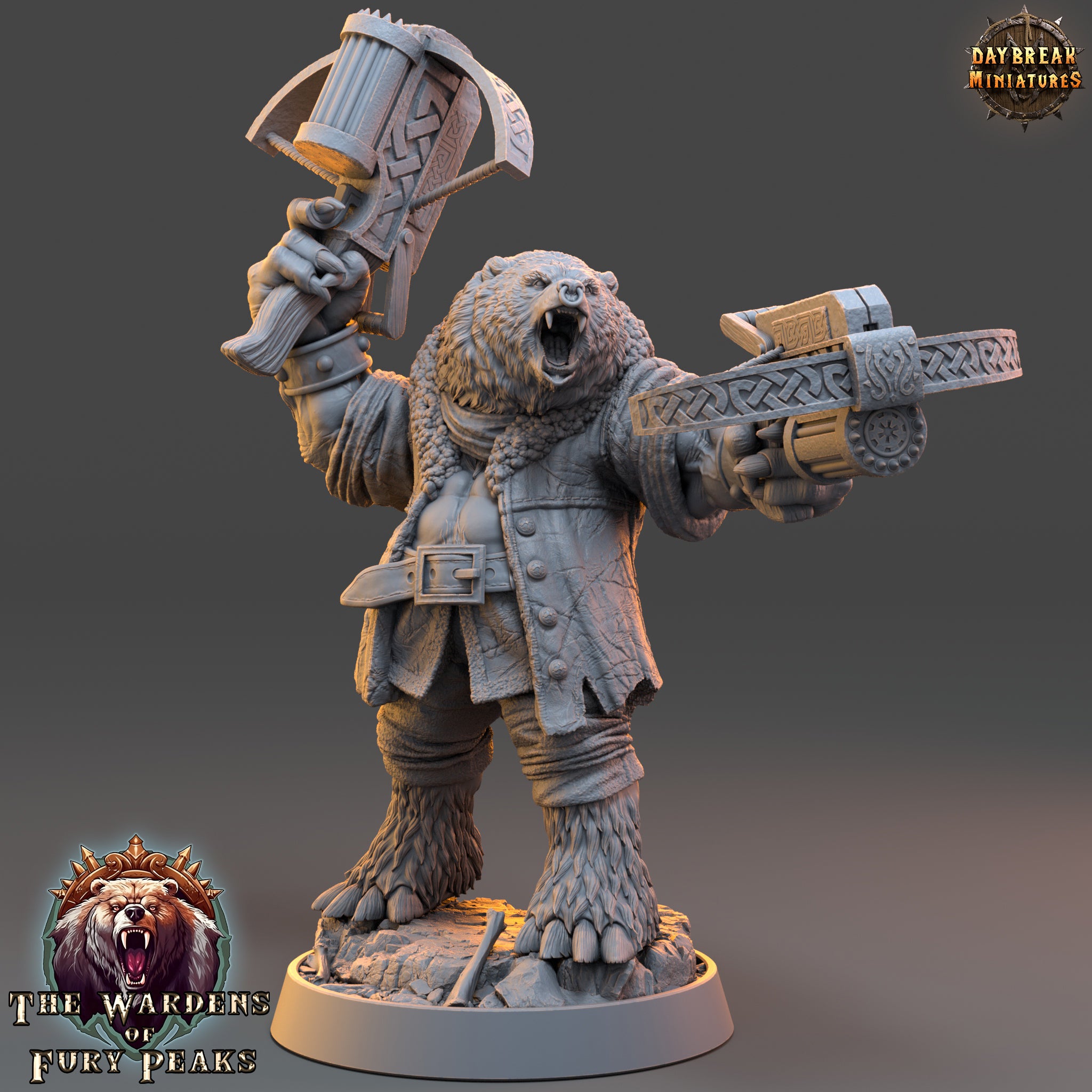 A 3D rendering of a bear-like creature holding a large weapon, likely a mace or sword, and standing on a platform. The creature appears to be a character from a fantasy or adventure game, as indicated by the text "The Wardens of Fury Peaks" in the image.