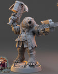 A 3D rendering of a bear-like creature holding a large weapon, likely a mace or sword, and standing on a platform. The creature appears to be a character from a fantasy or adventure game, as indicated by the text "The Wardens of Fury Peaks" in the image.