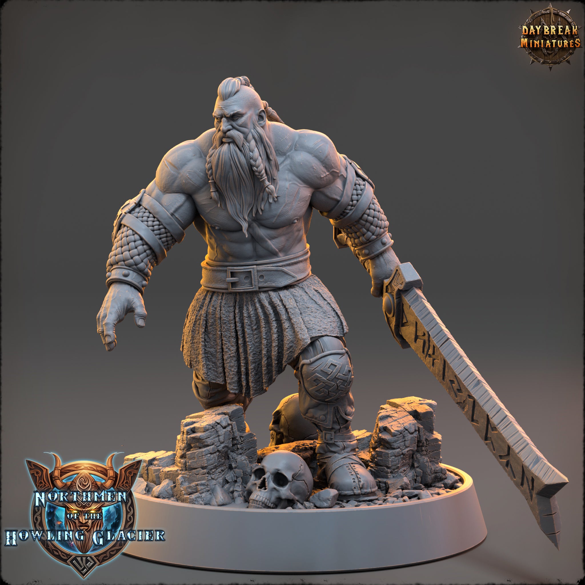 A detailed 3D model of a muscular, bearded dwarf warrior wielding a large sword, standing on a rocky base with a skull and other artifacts.