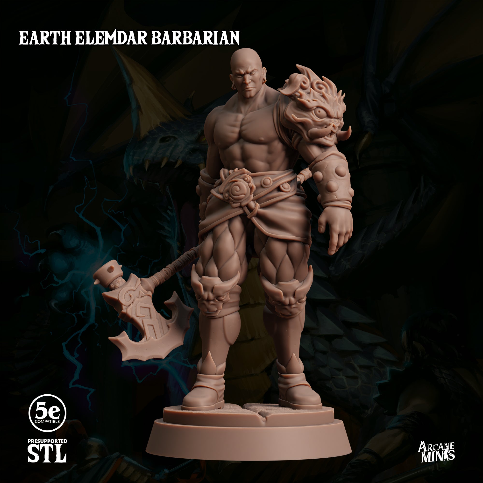 a detailed 3D model of a muscular, bearded male figure wielding a large weapon, likely a sword or spear, with a dragon-like creature in the background.