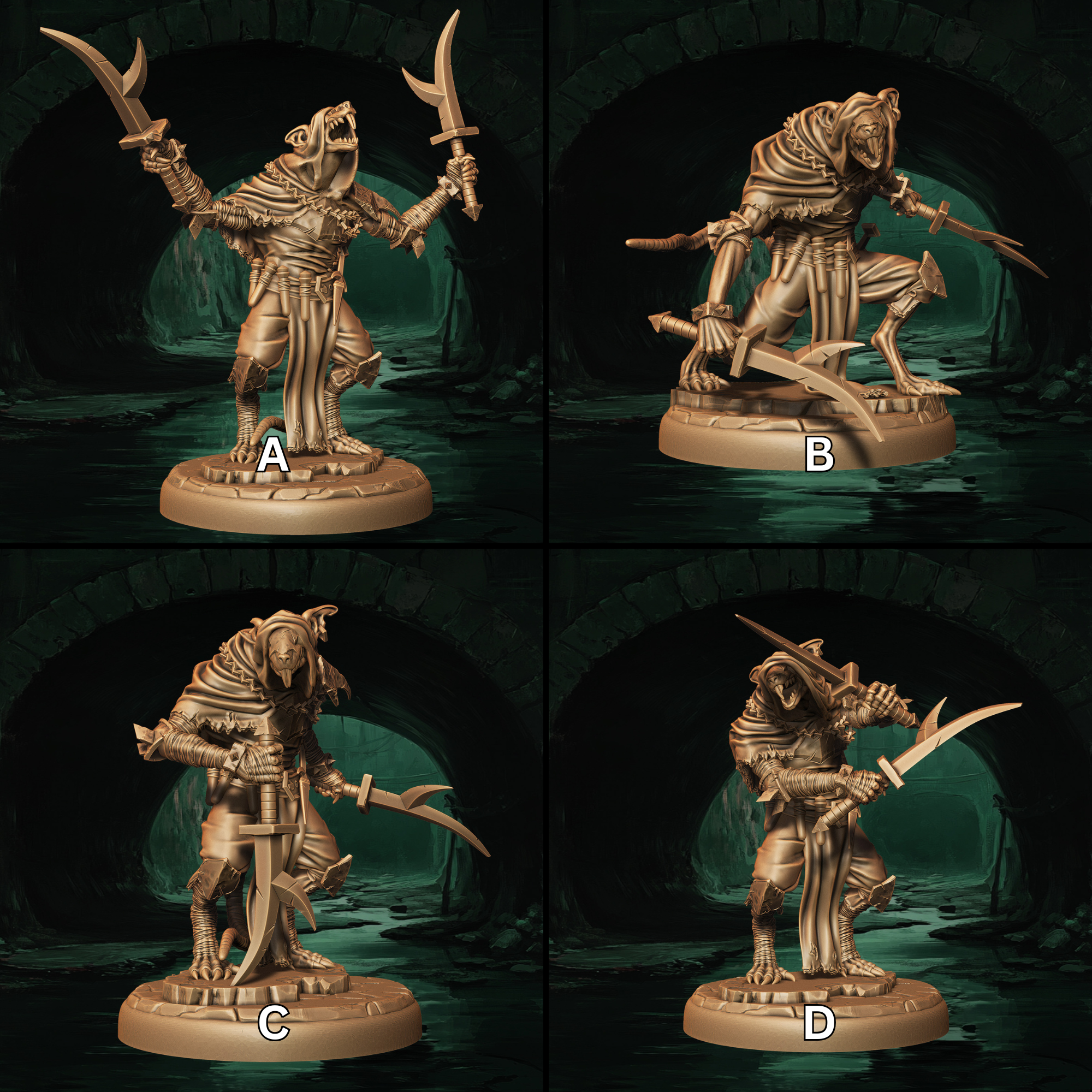 four pictures of a bronze statue of a demon