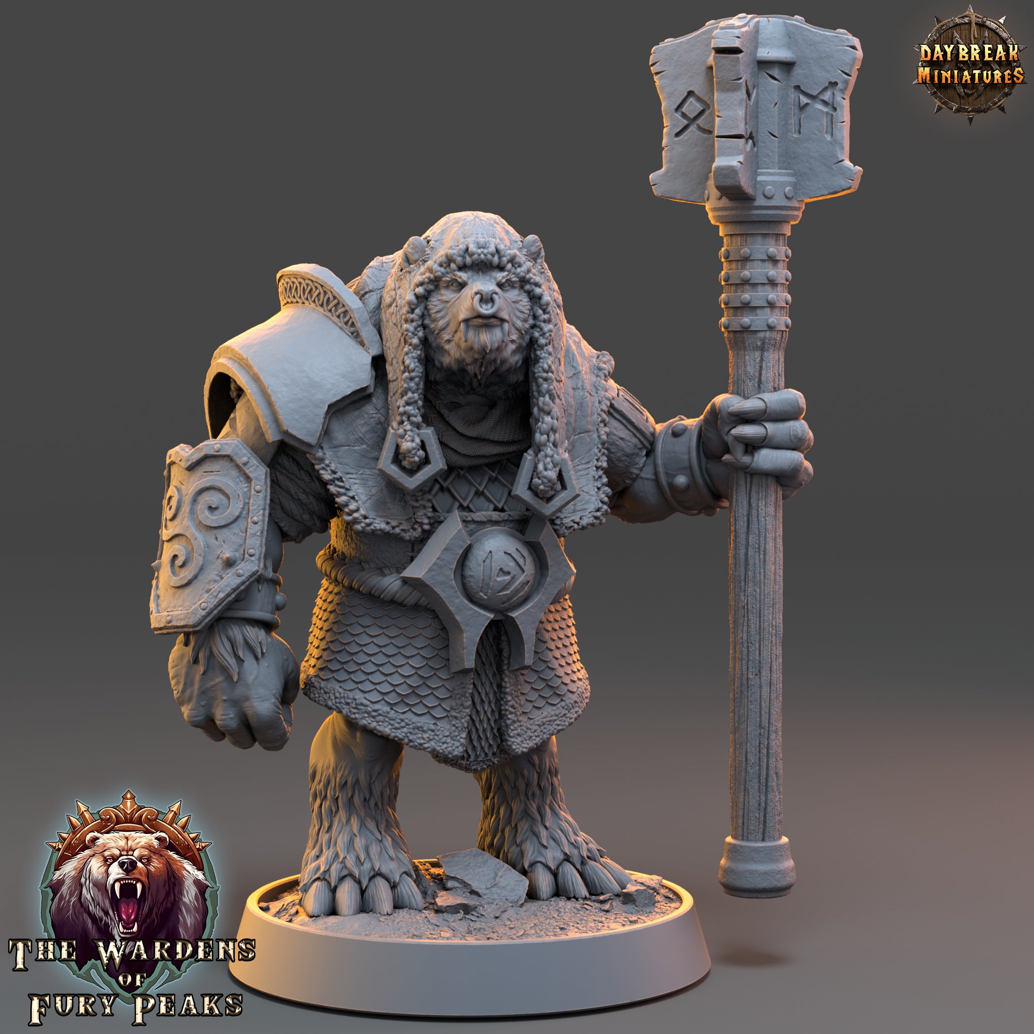 A 3D model of a warrior figure holding a large hammer, representing a character from the video game "The Warriors of Fear".