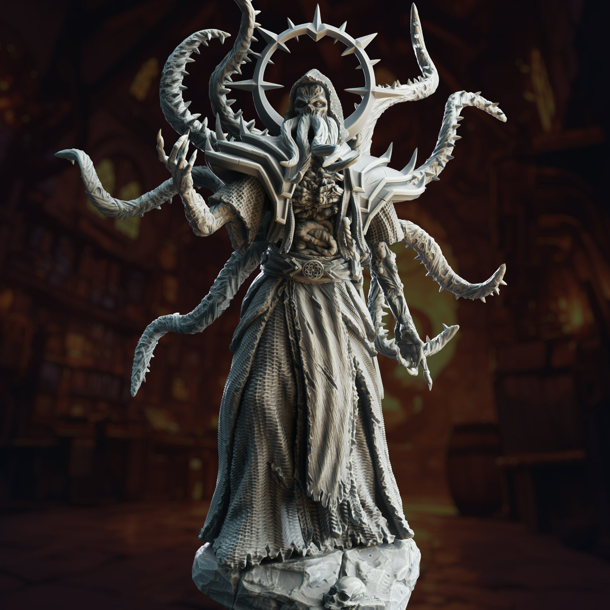 A detailed 3D rendering of a fantastical creature with an intricate, ornate headdress and a long, flowing robe. The creature has multiple tentacles and appears to be a powerful, imposing figure.