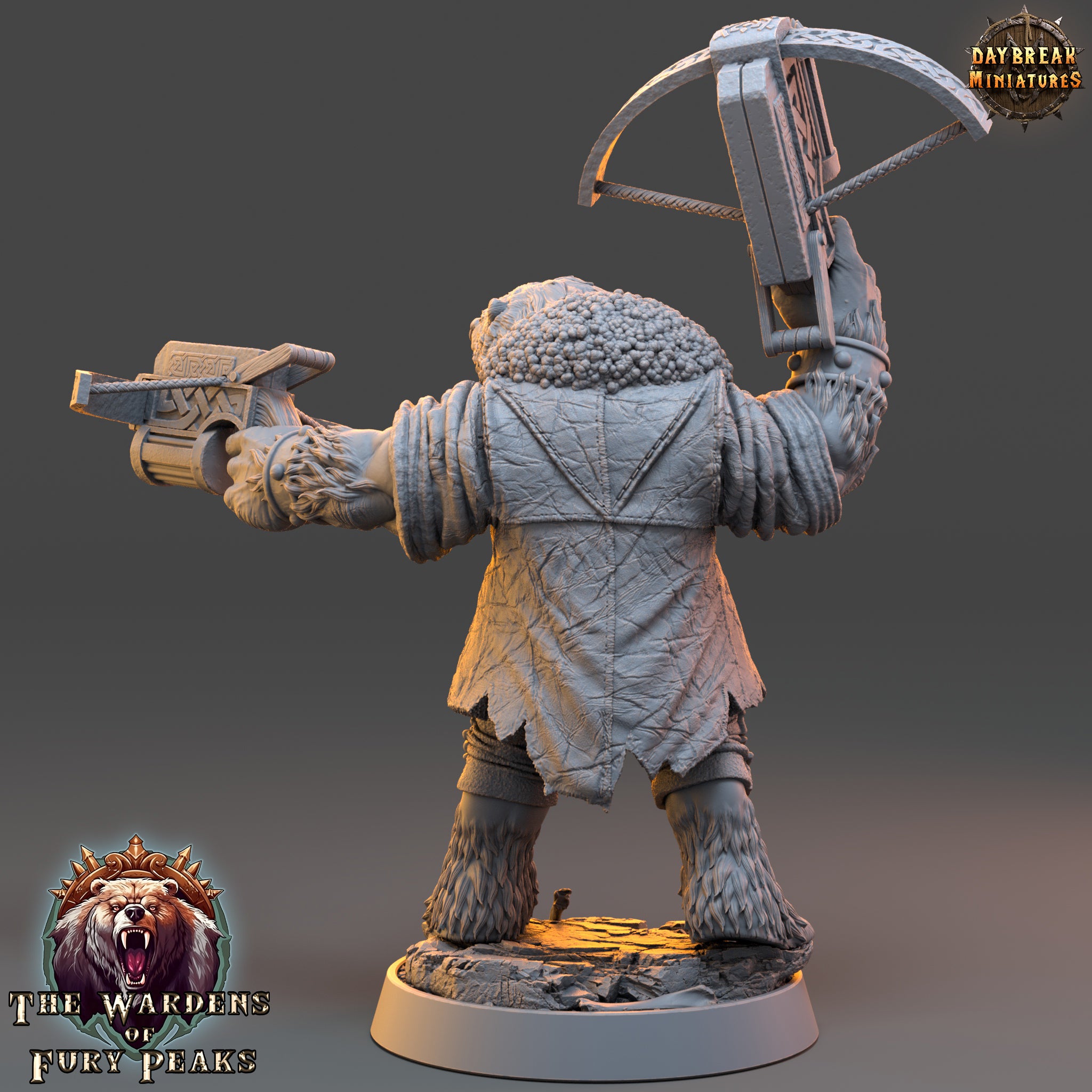 A 3D rendering of a fantasy character holding a crossbow and gun, with a bear-like appearance. The character is standing on a platform with the title "The Wardens of Fear" and "Daybreak Miniatures" displayed.