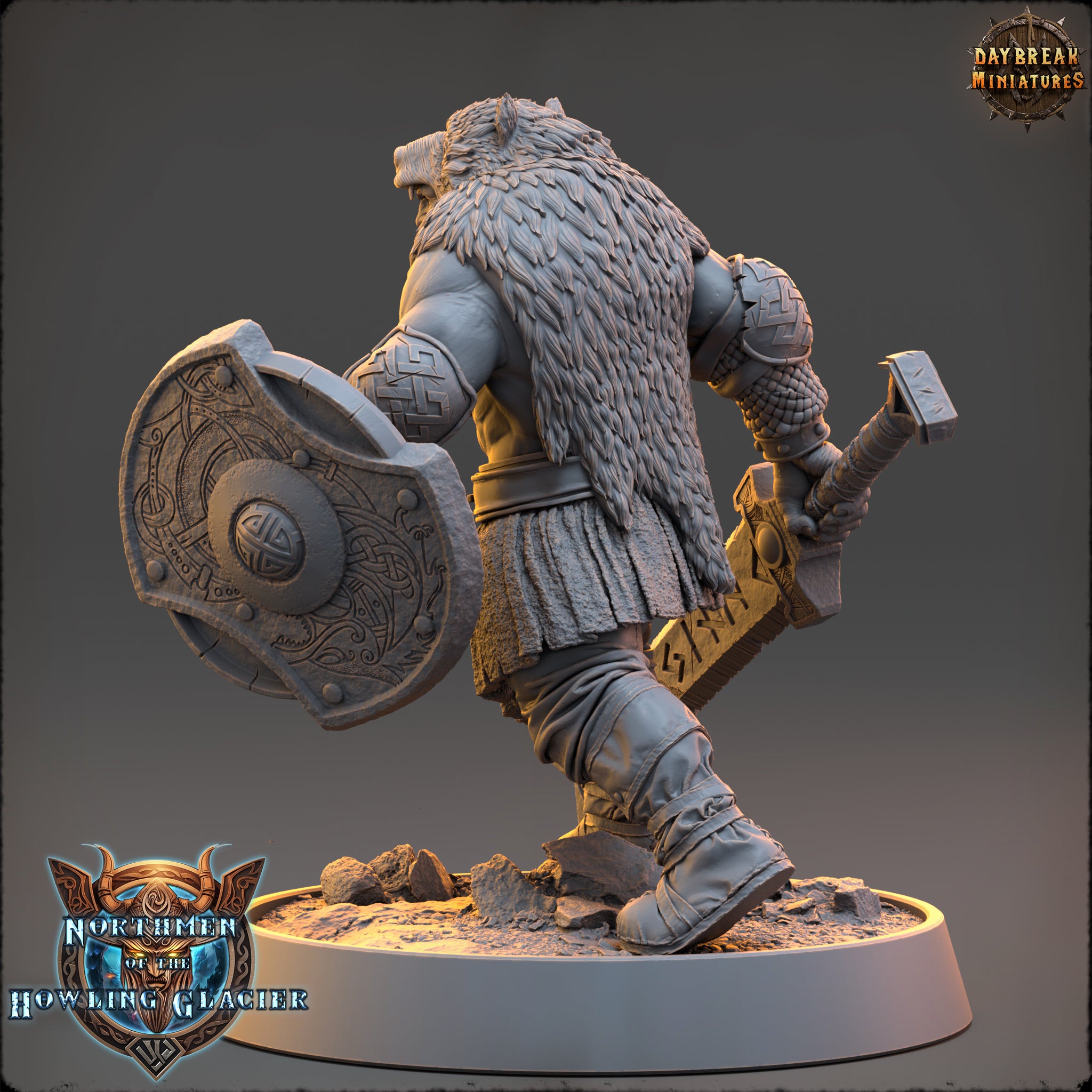A detailed 3D model of a warrior figure, likely from a fantasy or adventure game, standing on a base and holding a shield and sword.