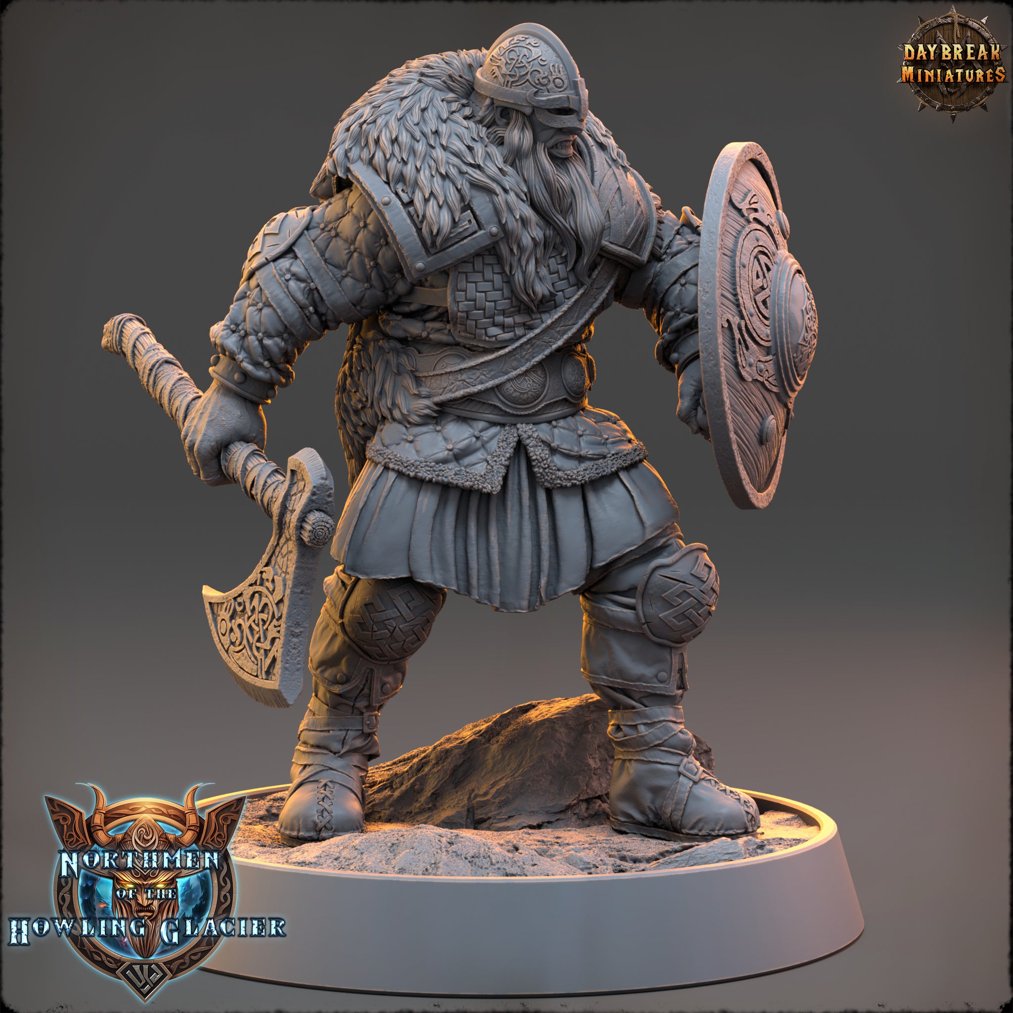 A detailed 3D model of a warrior figure, wearing a helmet and armor, holding a shield and sword, standing on a platform.