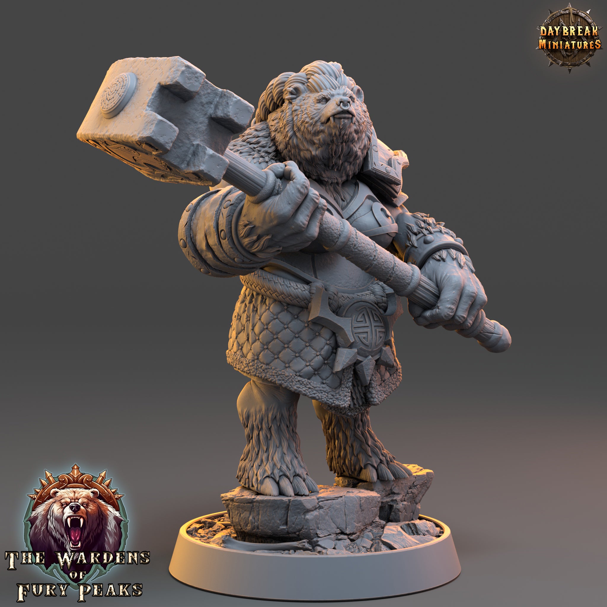 A 3D model of a bear-like creature holding a large hammer, standing on a platform.