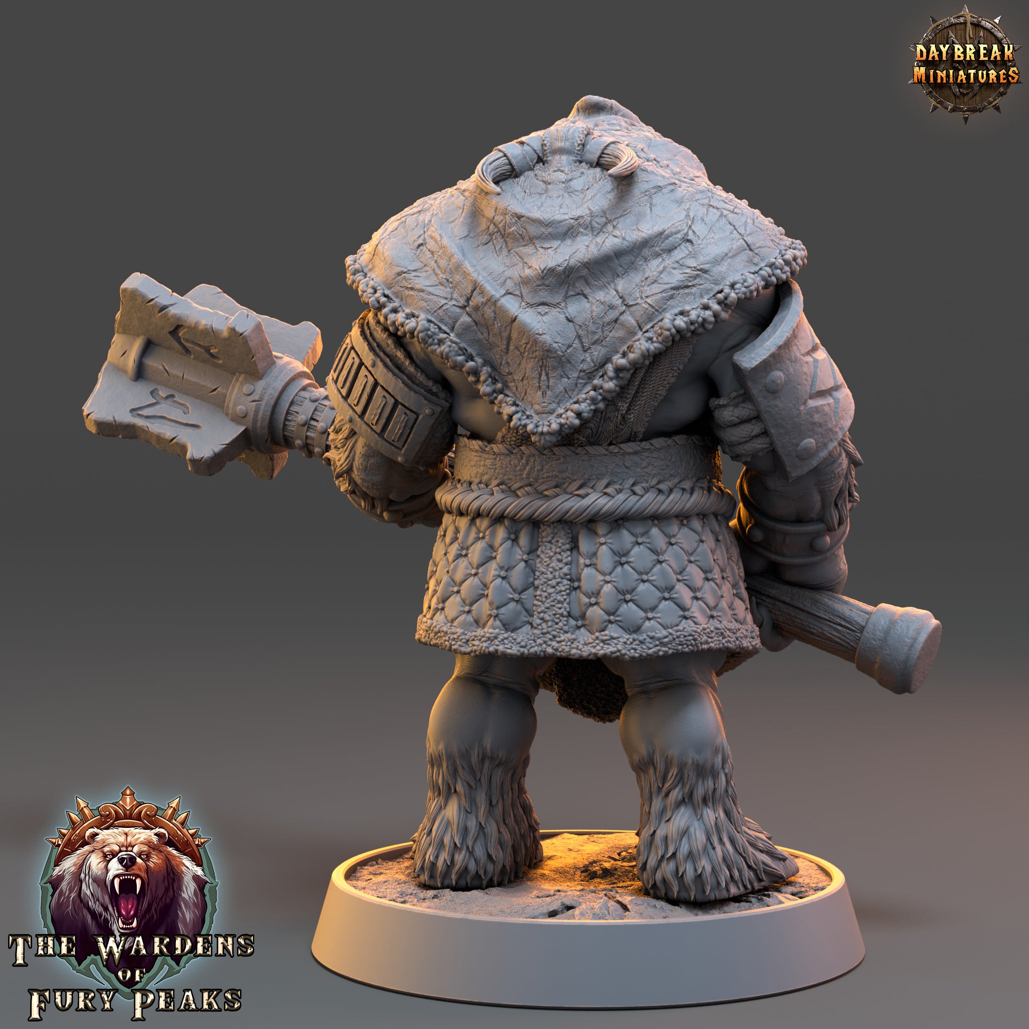 A 3D rendering of a fantasy character, likely a warrior or knight, with a large hammer or weapon in their hand. The character is wearing a distinctive outfit with fur trim and has a distinctive hairstyle. The image is described as a "daybreak strategy" and is part of a "The Wardens of Fury Peaks" series.