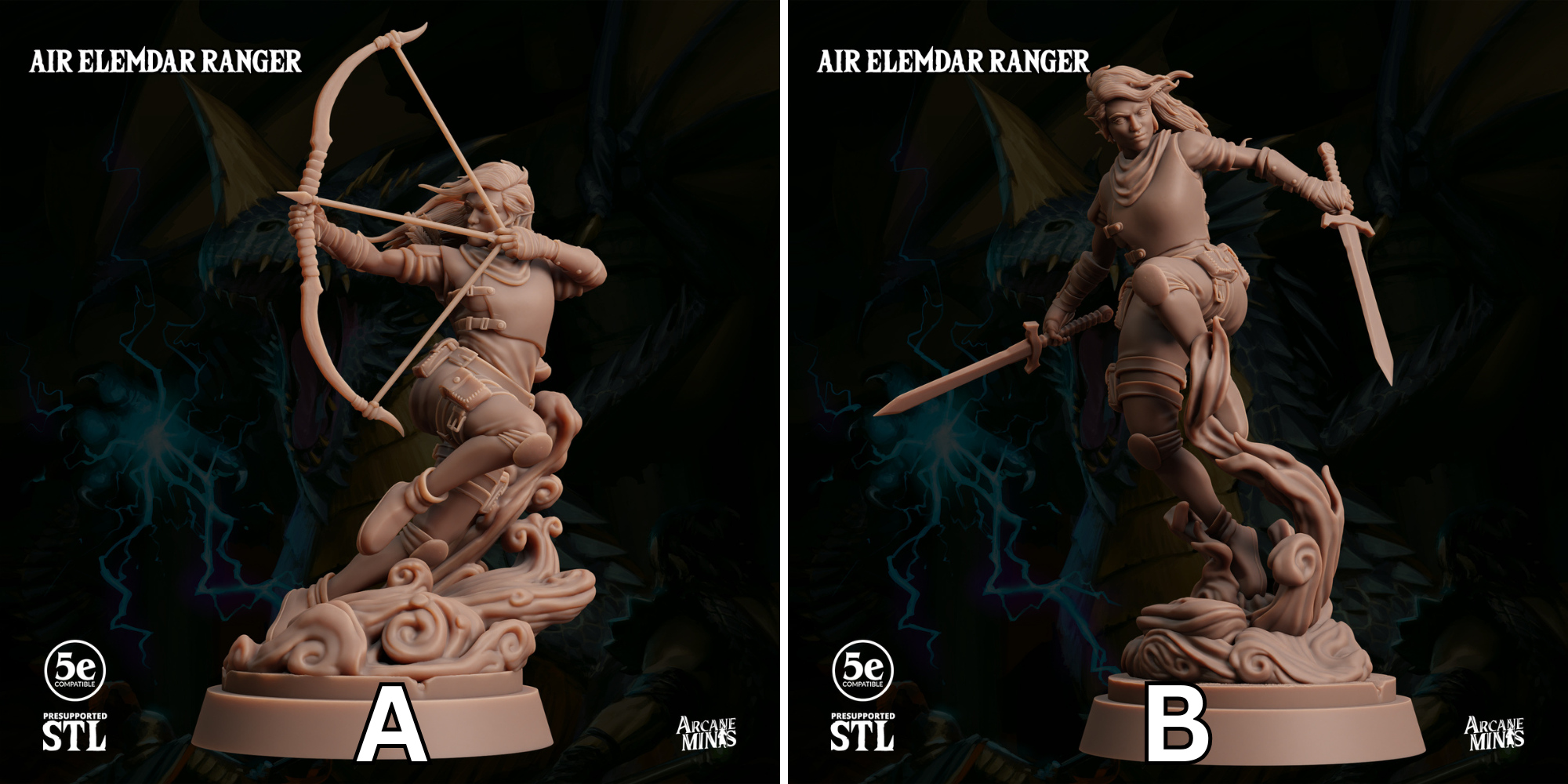 two figurines of Air Elfmar Rangers, a type of fantasy character, posed in different dynamic stances. The figurines are displayed on stands labeled A and B, and the background features a dark, mysterious setting with lightning and other elements.