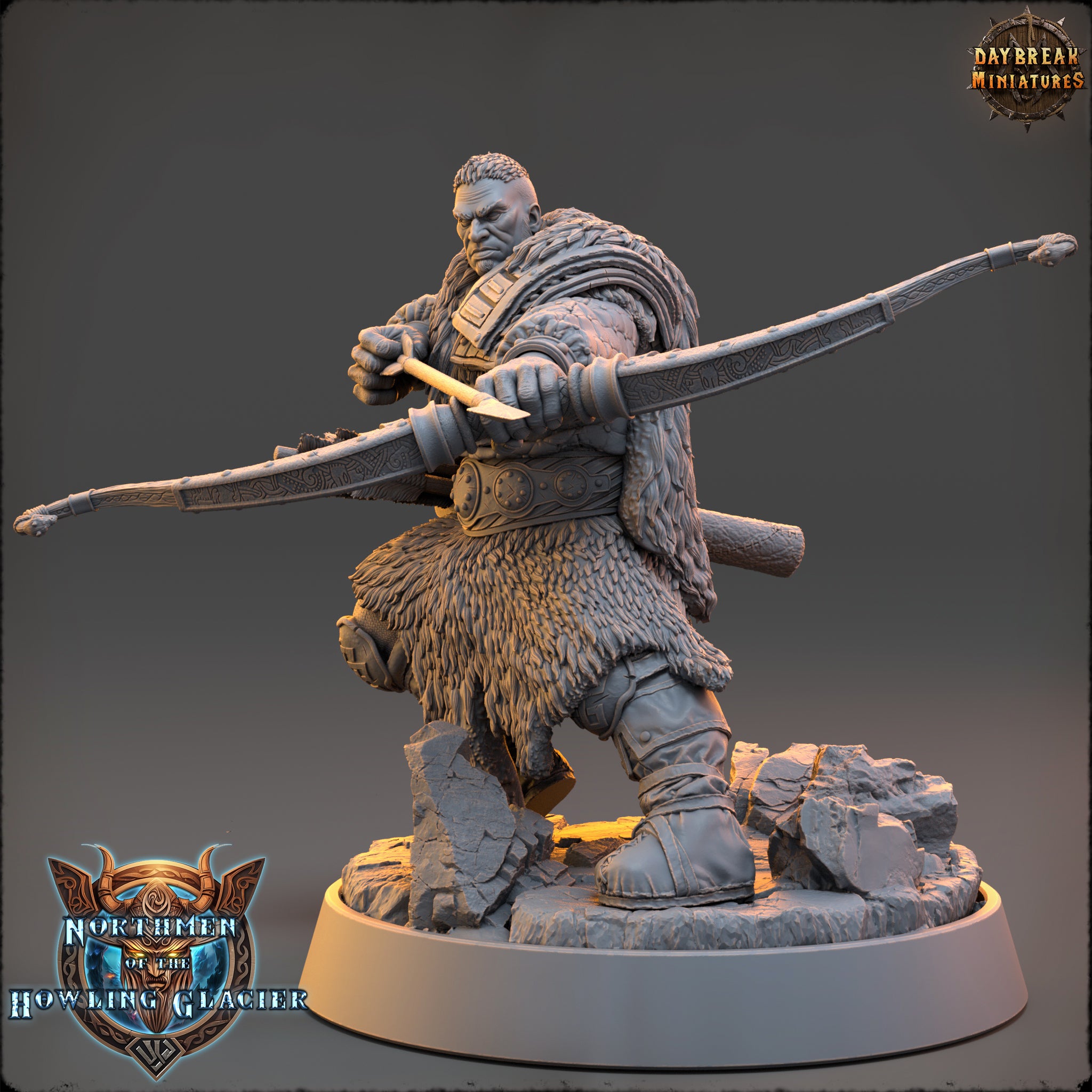 A detailed 3D model of a warrior figure holding a bow and arrow, standing on a rocky base.