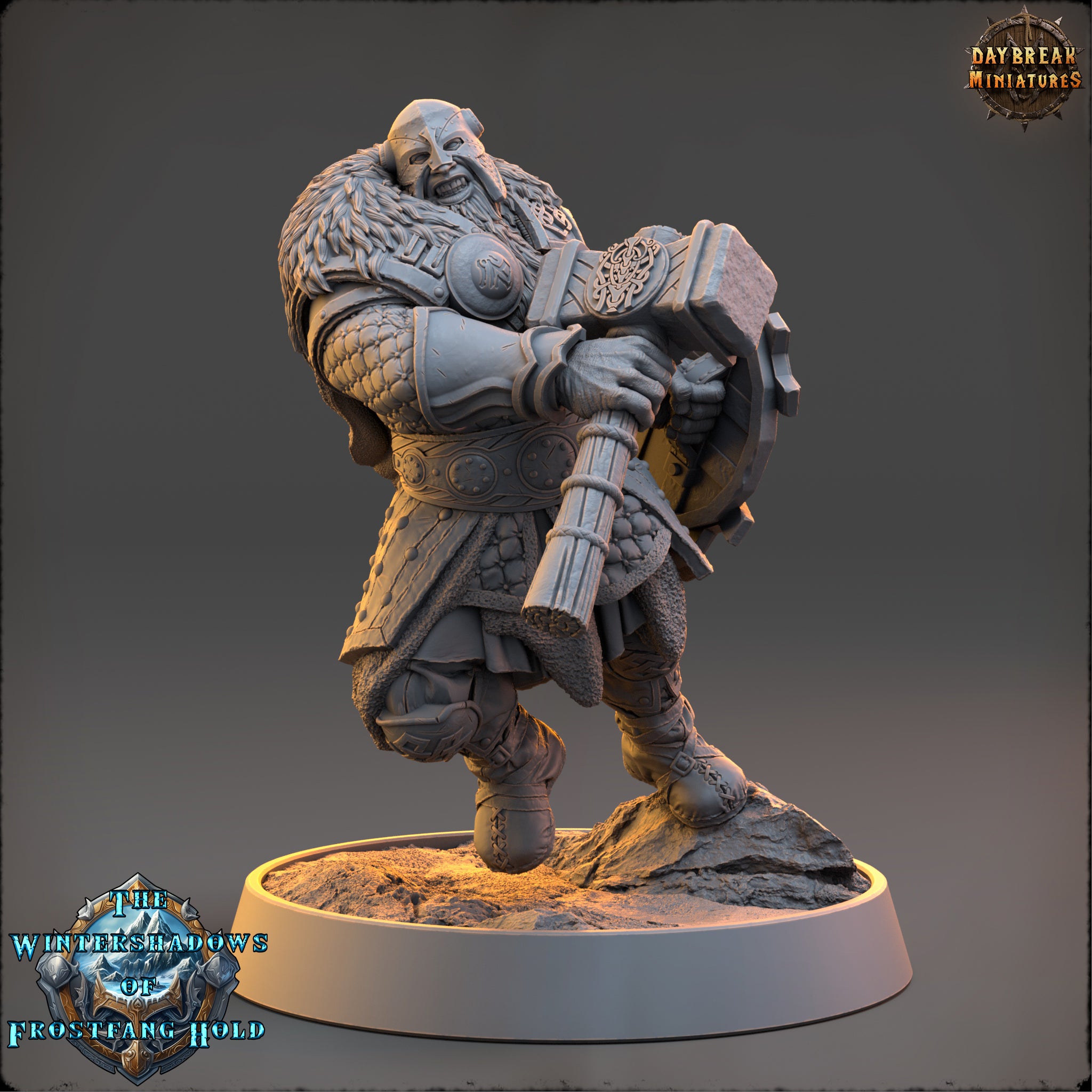 A detailed 3D model of a dwarf warrior figure, holding a large hammer, standing on a rocky base.