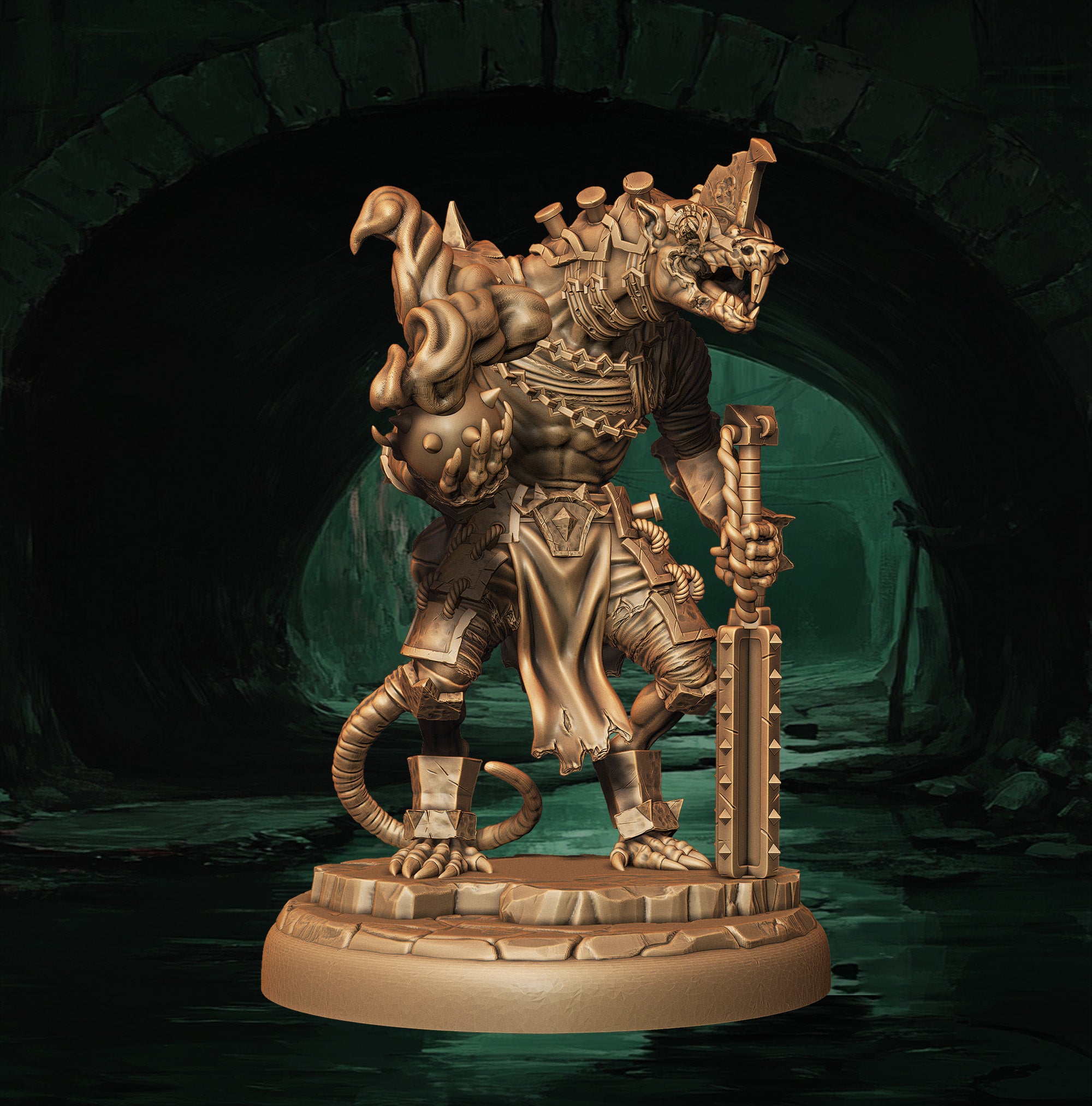 a statue of a demon holding a staff